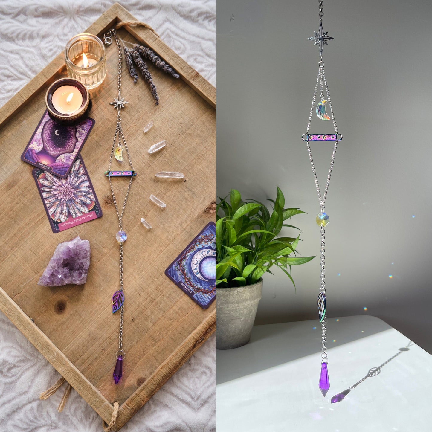 Silver and Purple Moon Suncatcher, Celestial Window Prism, Rainbow Maker