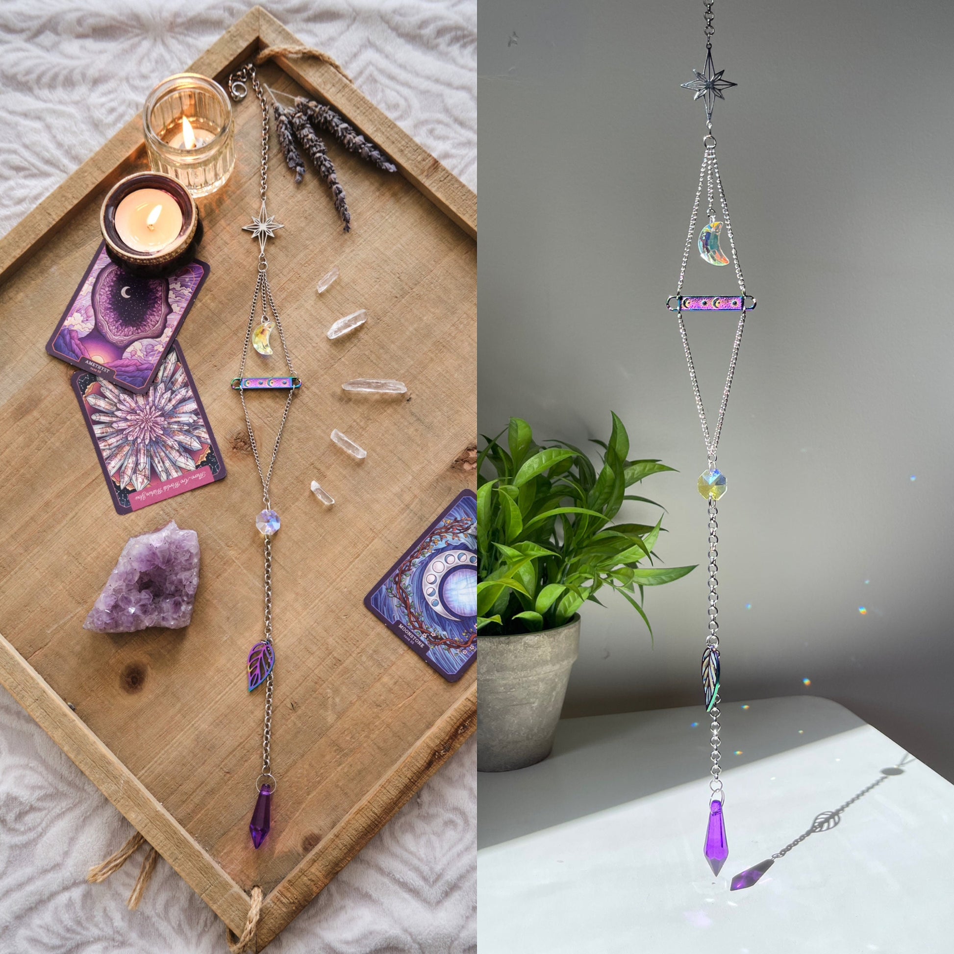 Silver and Purple Moon Suncatcher, Celestial Window Prism, Rainbow Maker
