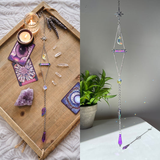 Silver and Purple Moon Suncatcher, Celestial Window Prism, Rainbow Maker