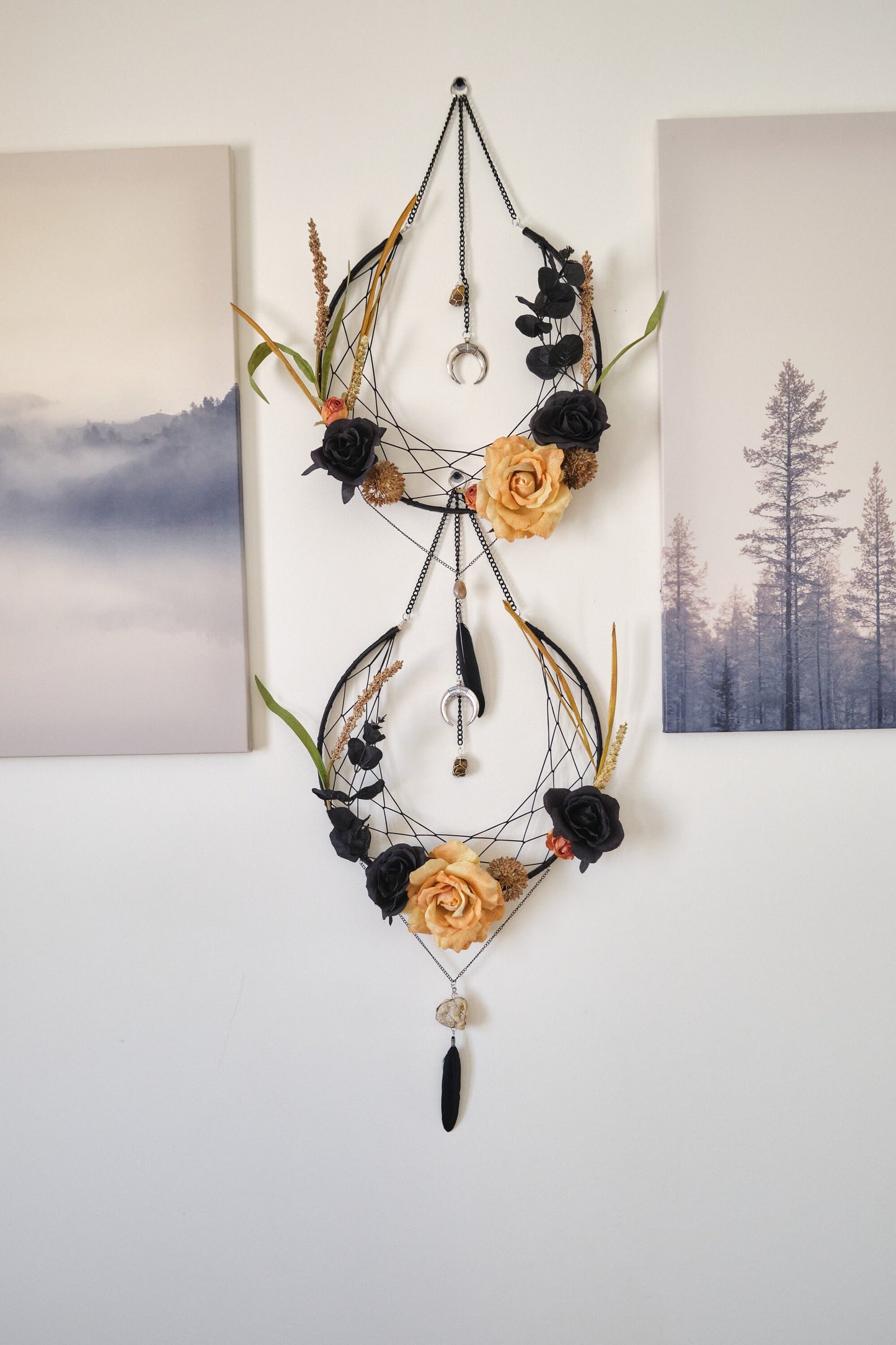 Crystal Dream Catcher, Samhain Moon Flower Wreath