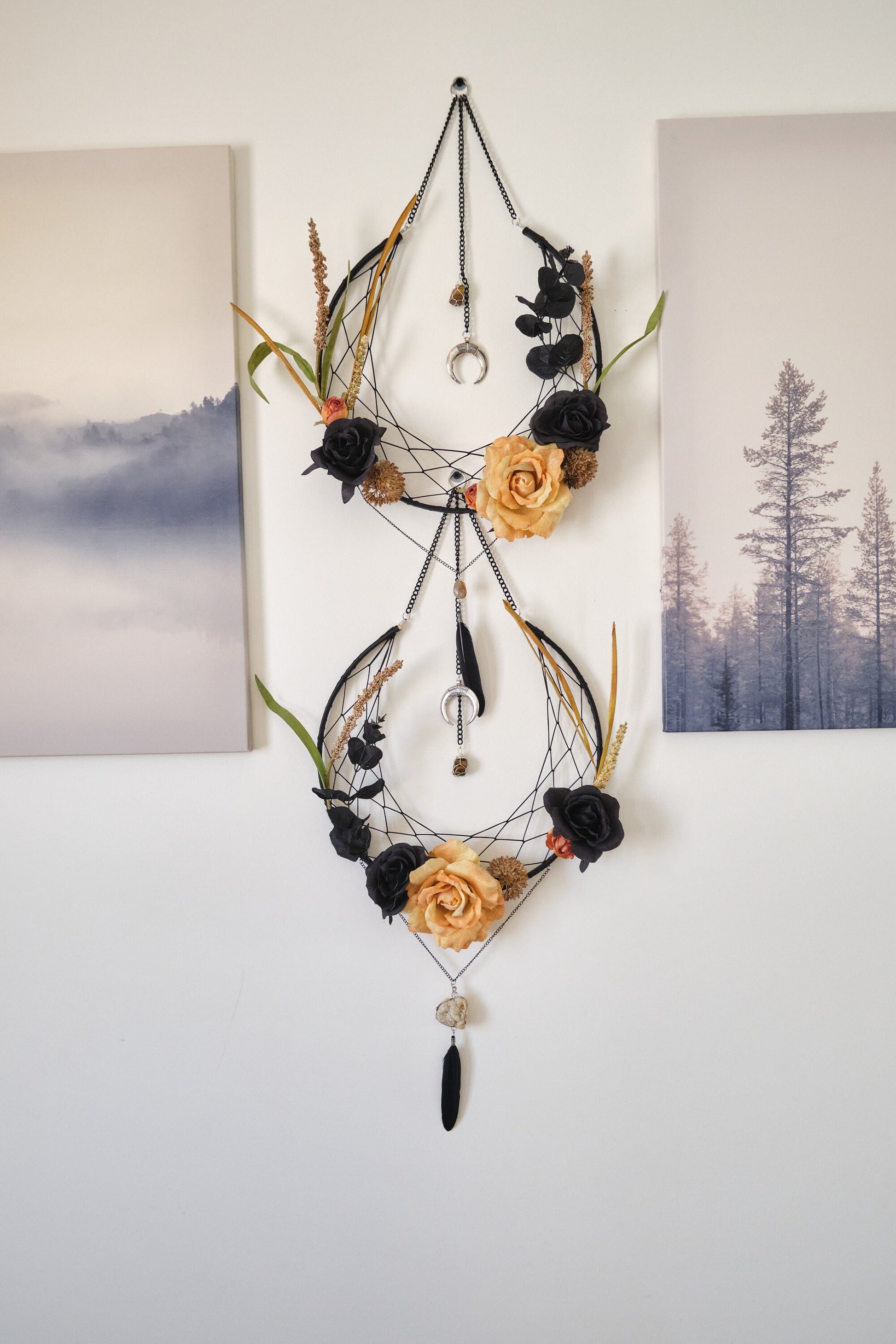 Crystal Dream Catcher, Samhain Moon Flower Wreath