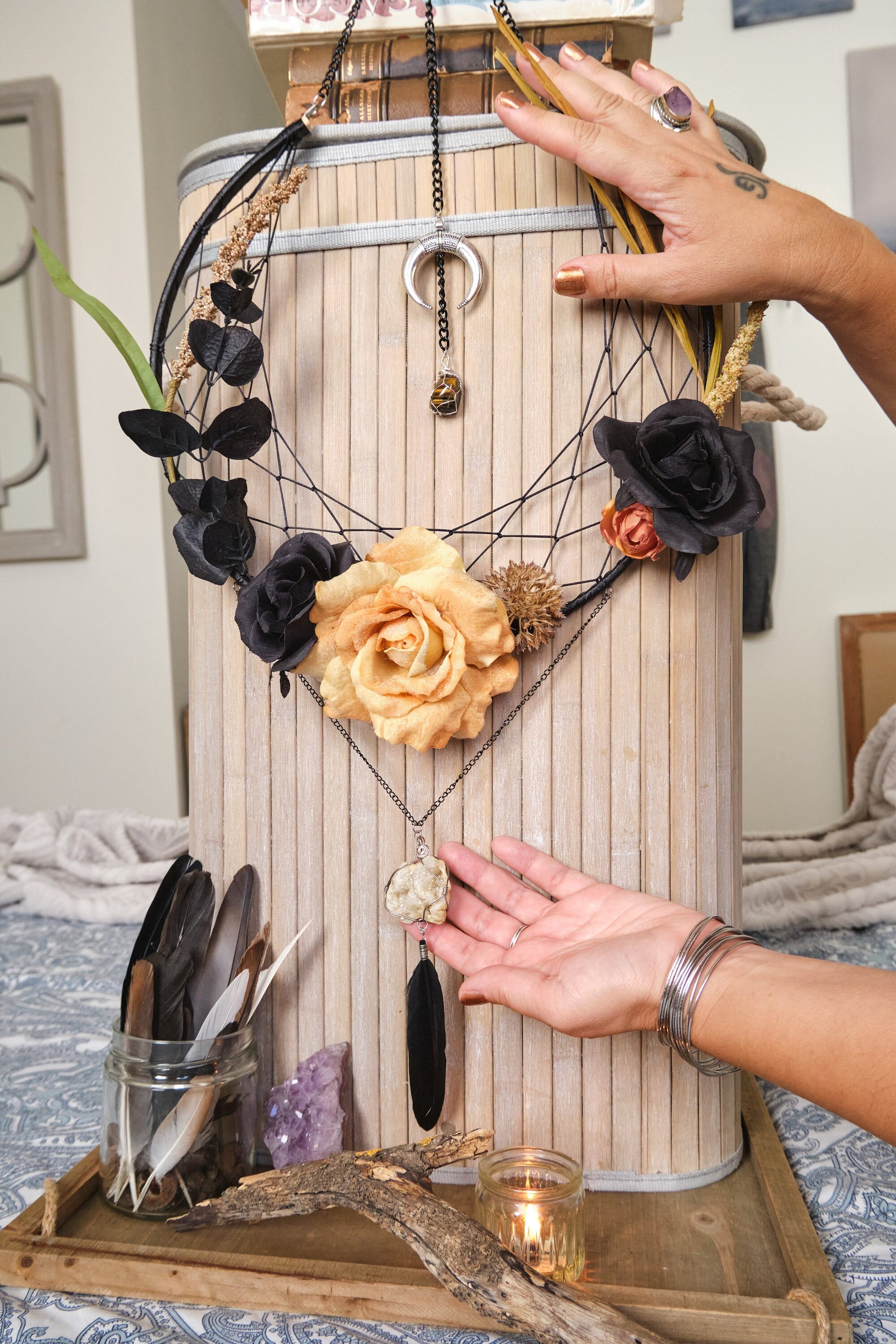 Crystal Dream Catcher, Samhain Moon Flower Wreath