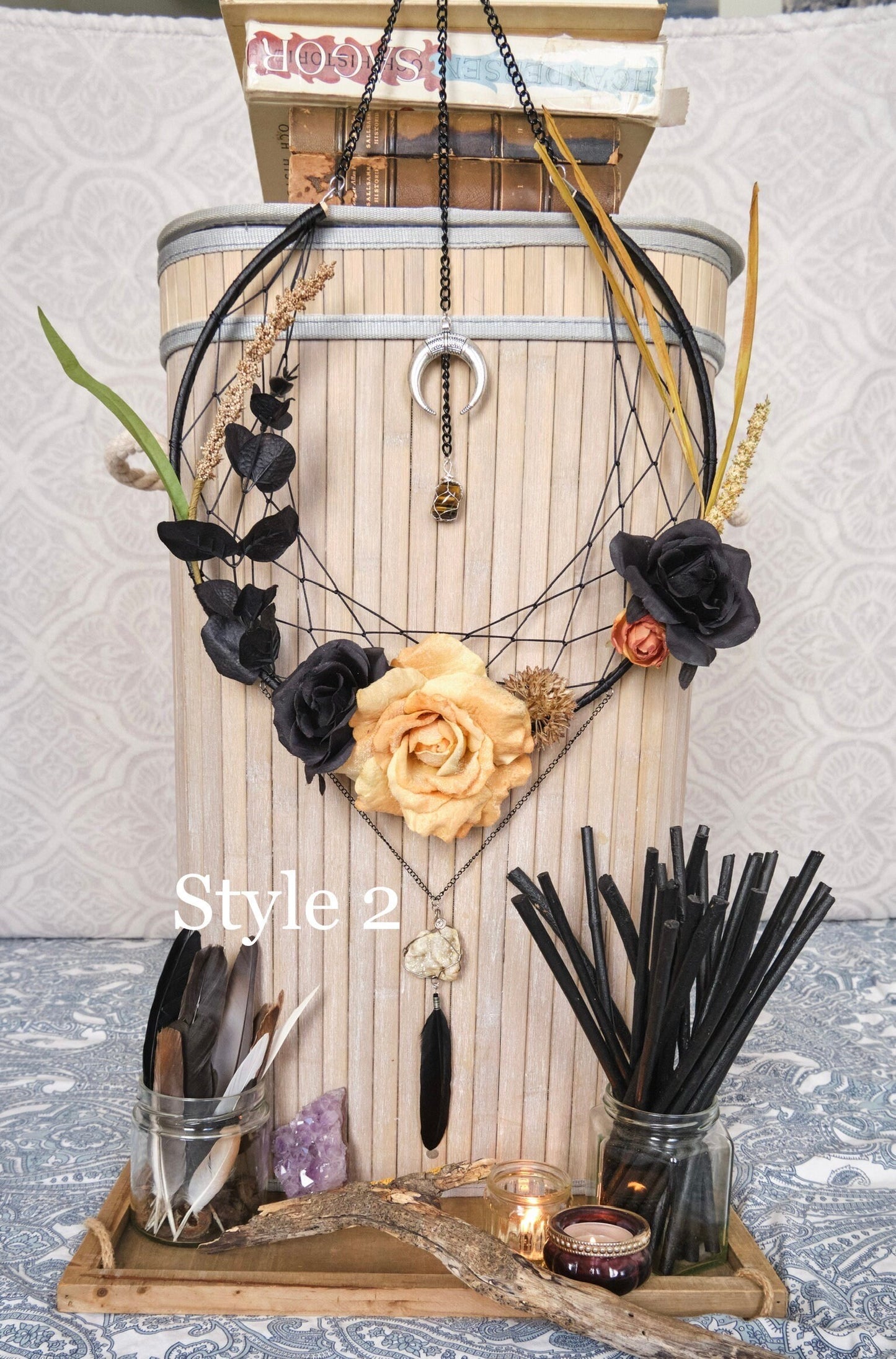 Crystal Dream Catcher, Samhain Moon Flower Wreath