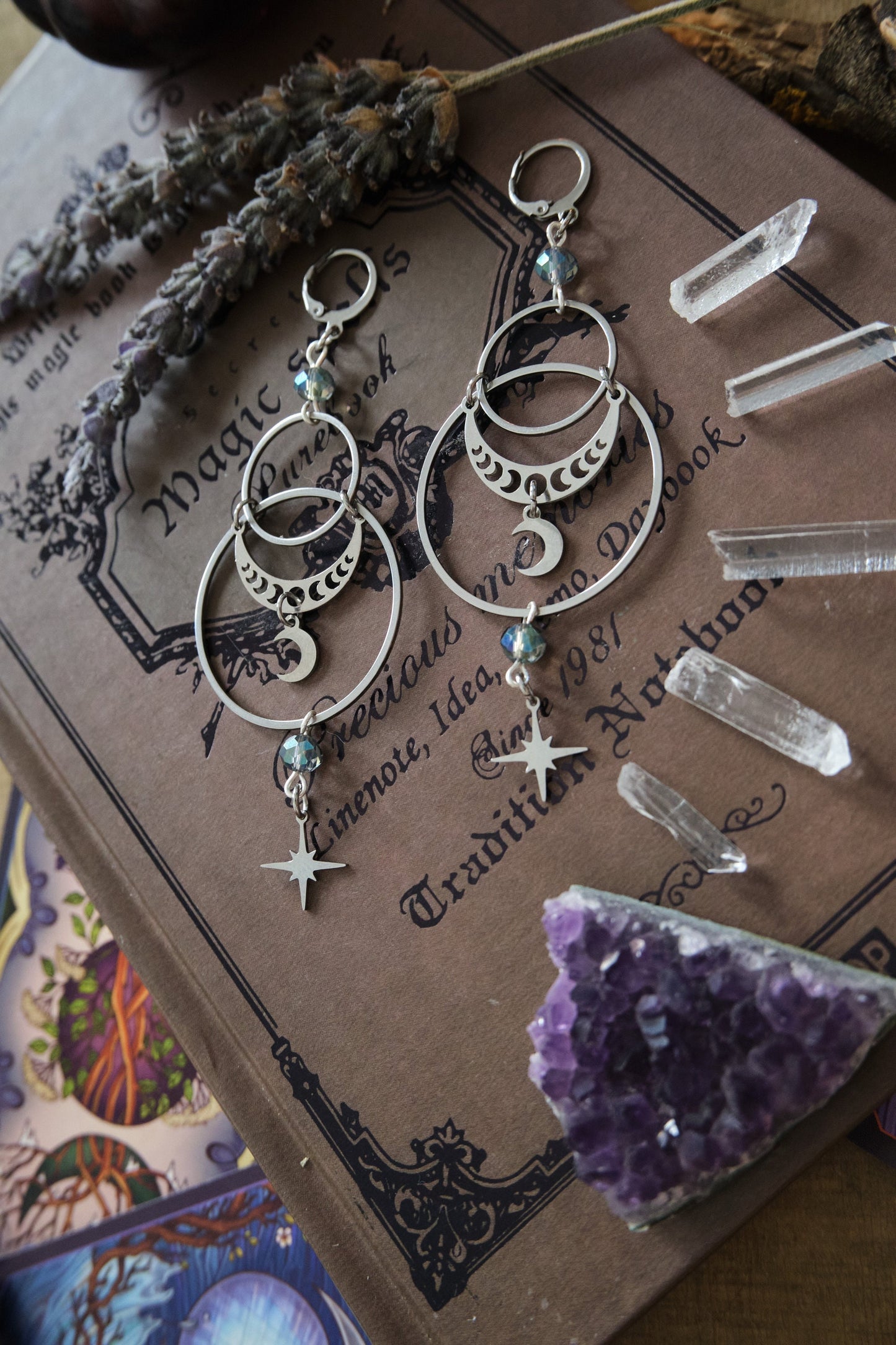 Moon Phase Earrings, Stainless Steel Moon and Stars, Witchy Celestial Jewelry - Silver