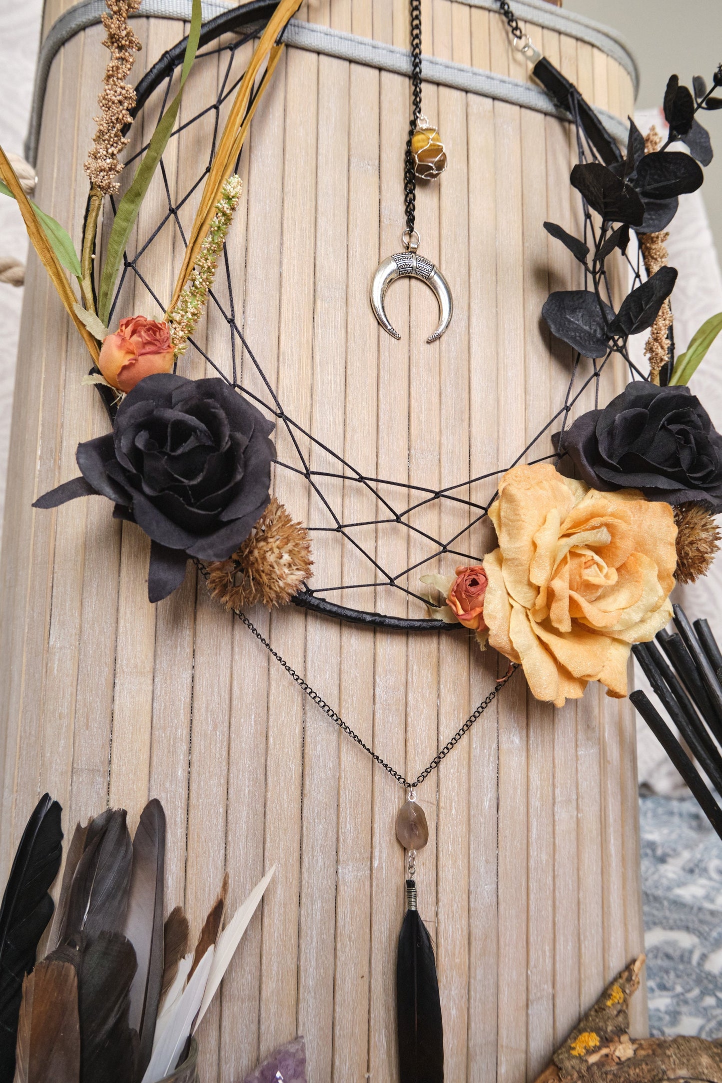 Crystal Dream Catcher, Samhain Moon Flower Wreath
