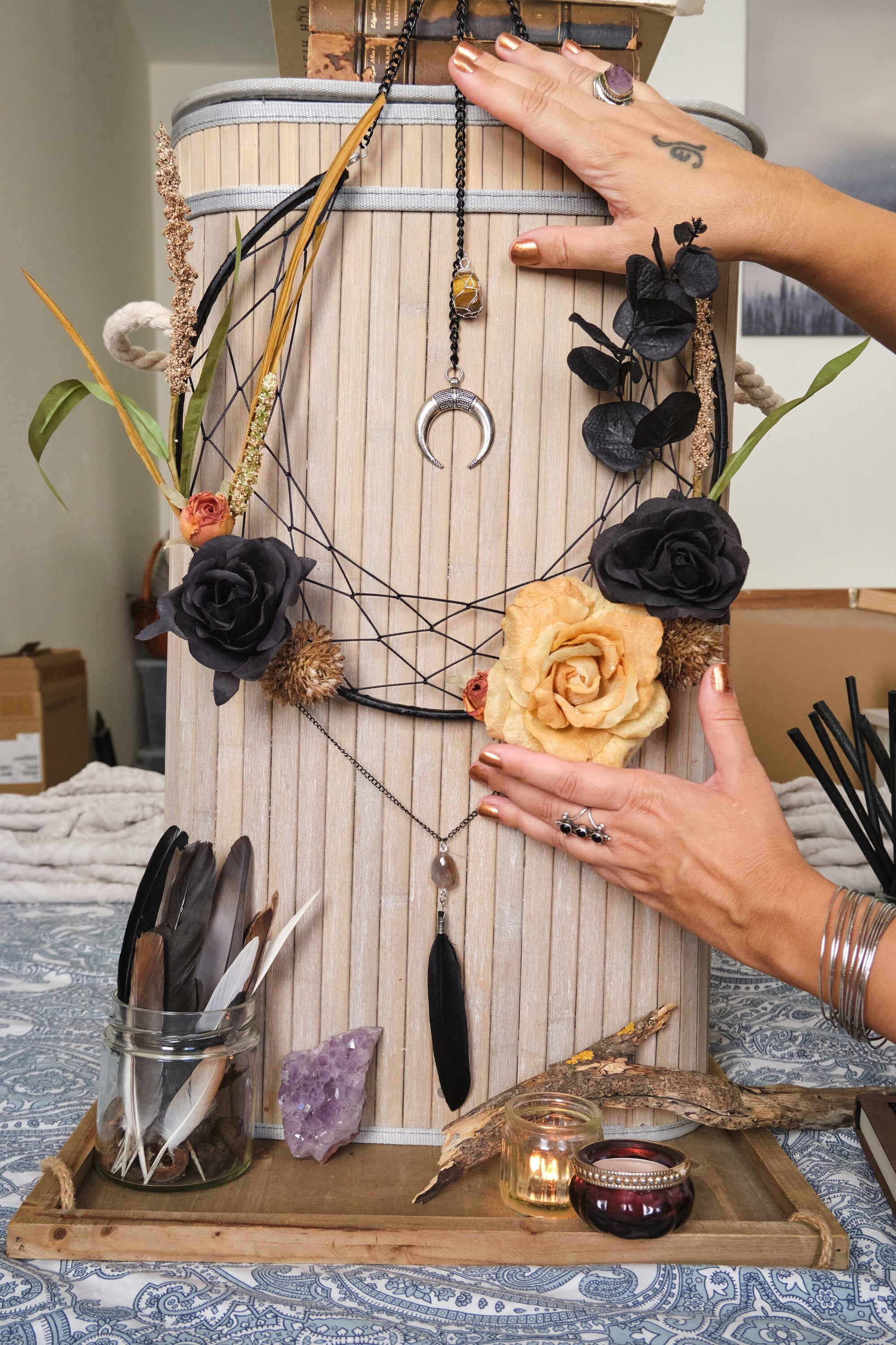 Crystal Dream Catcher, Samhain Moon Flower Wreath