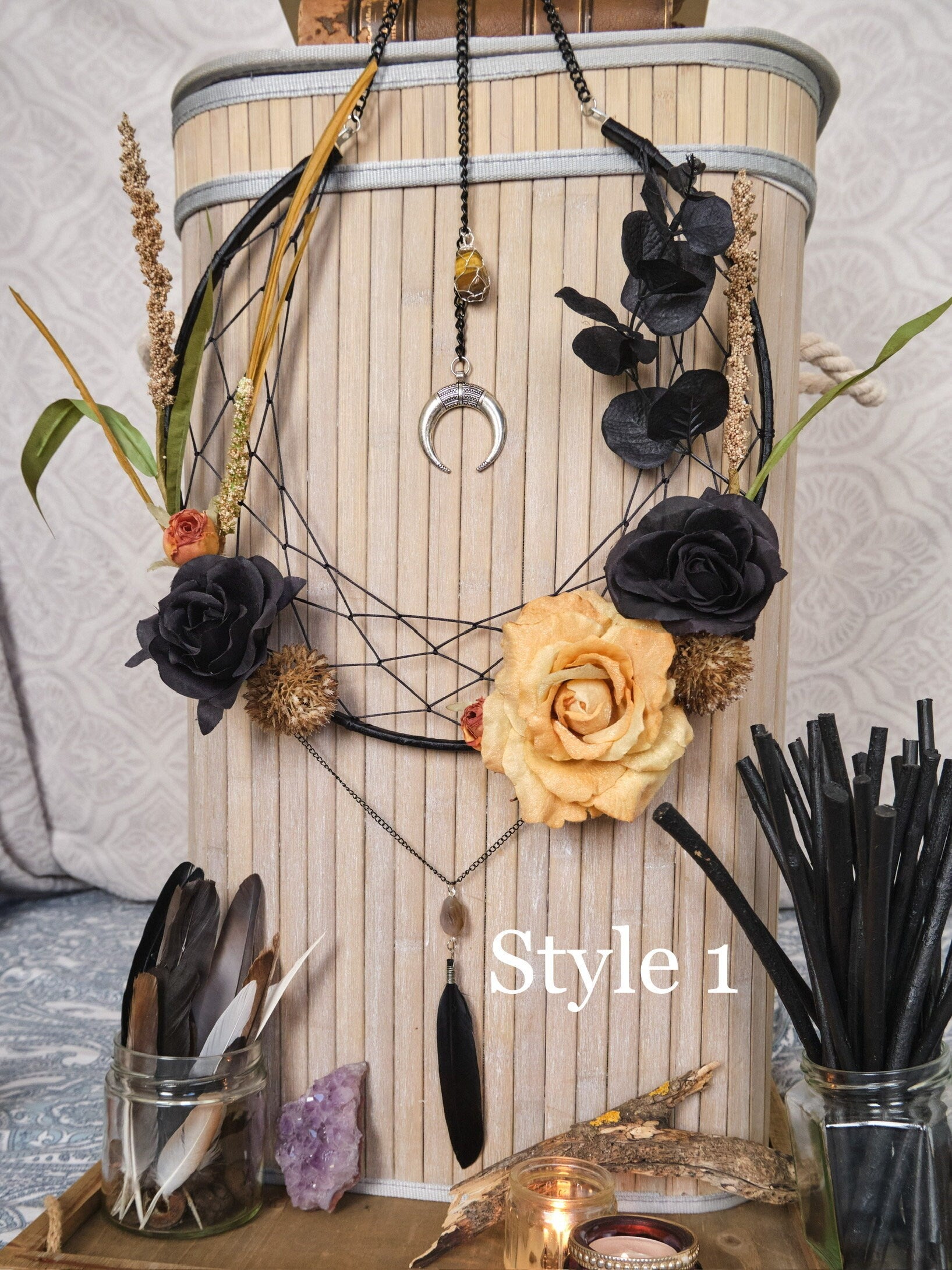 Crystal Dream Catcher, Samhain Moon Flower Wreath