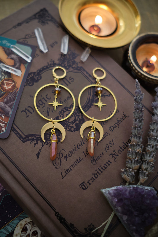 Moon and Star Crystal Earrings, Quartz Crystal, Celestial Jewelry