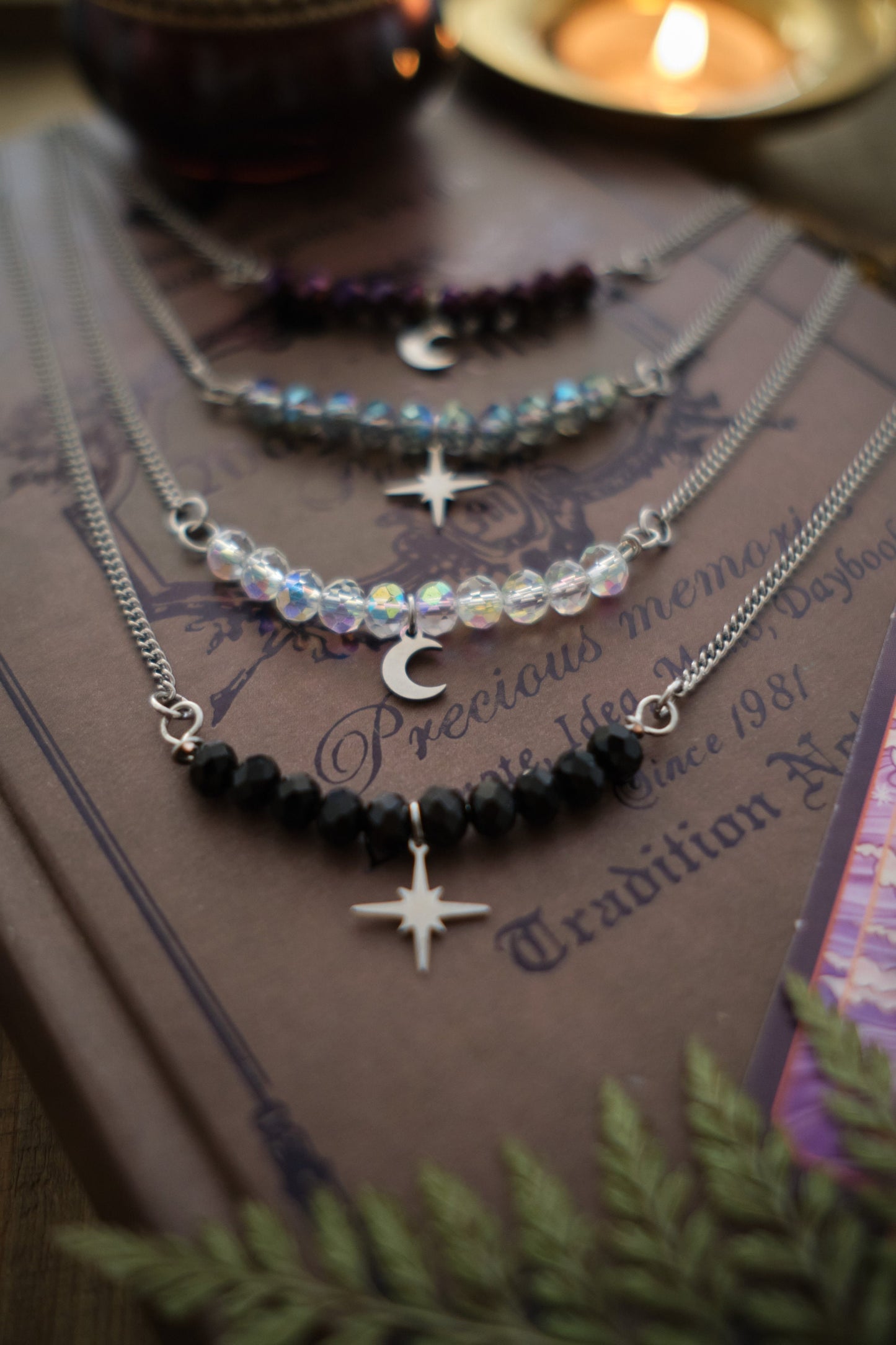 Personalizable Silver Moon or Star Necklace with Sparkly Beads, Choose your Color and Style! Whimsigoth Jewelry