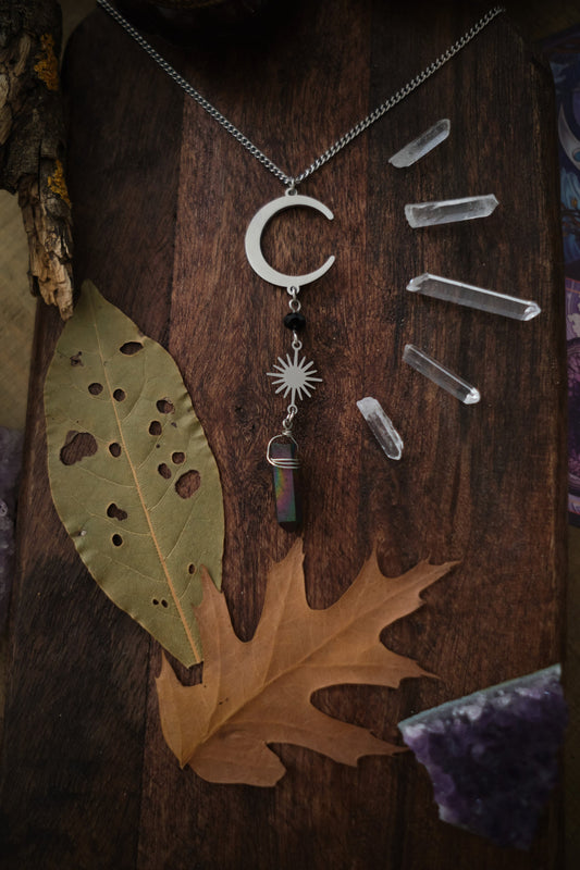Silver Moon and Sun Necklace with Aura Quartz Crystal, Raw Quartz Pendant Necklace