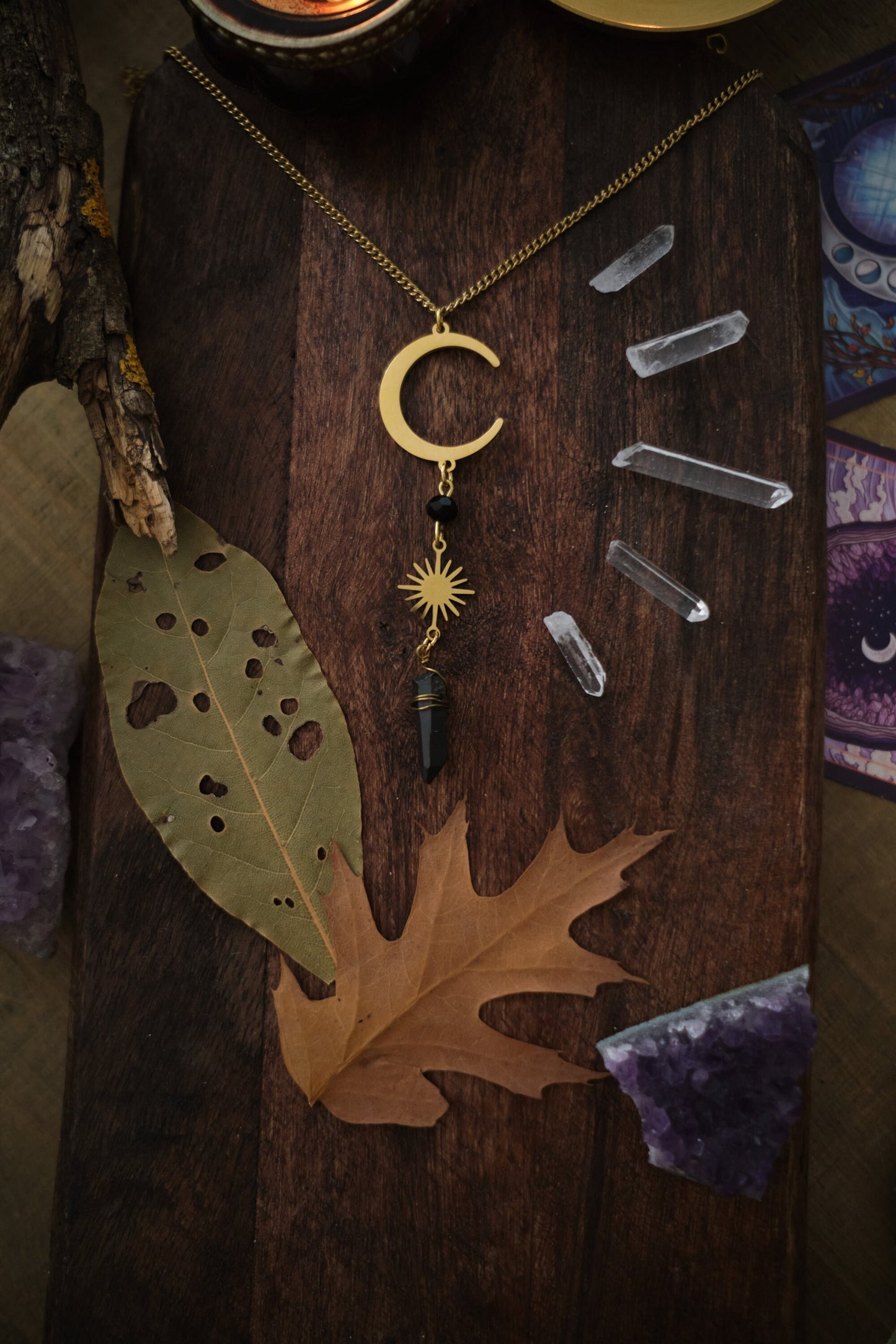 Silver Moon and Sun Necklace with Aura Quartz Crystal, Raw Quartz Pendant Necklace