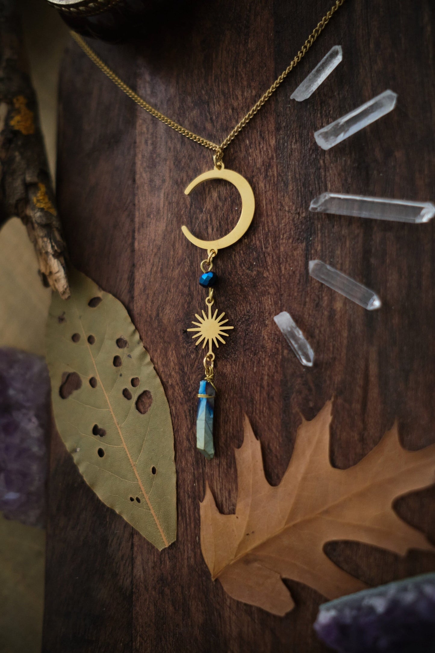 Silver Moon and Sun Necklace with Aura Quartz Crystal, Raw Quartz Pendant Necklace