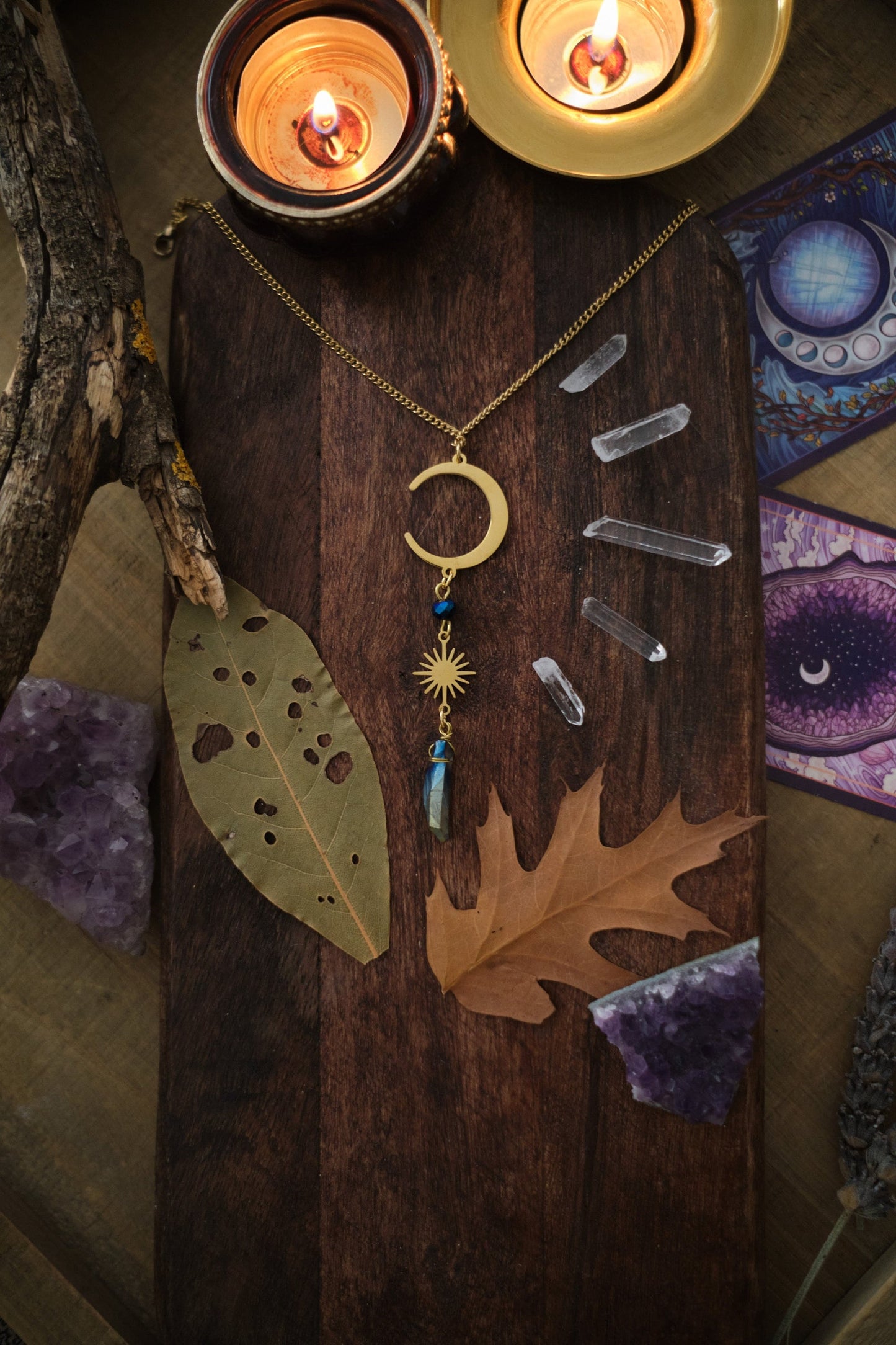 Silver Moon and Sun Necklace with Aura Quartz Crystal, Raw Quartz Pendant Necklace