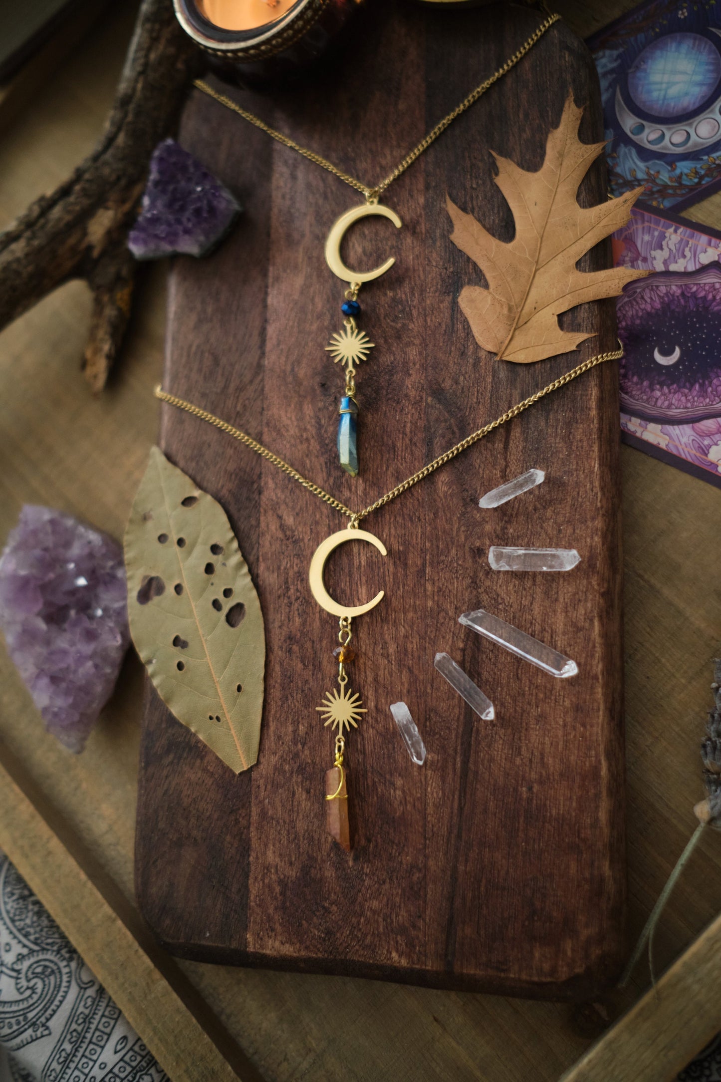 Silver Moon and Sun Necklace with Aura Quartz Crystal, Raw Quartz Pendant Necklace