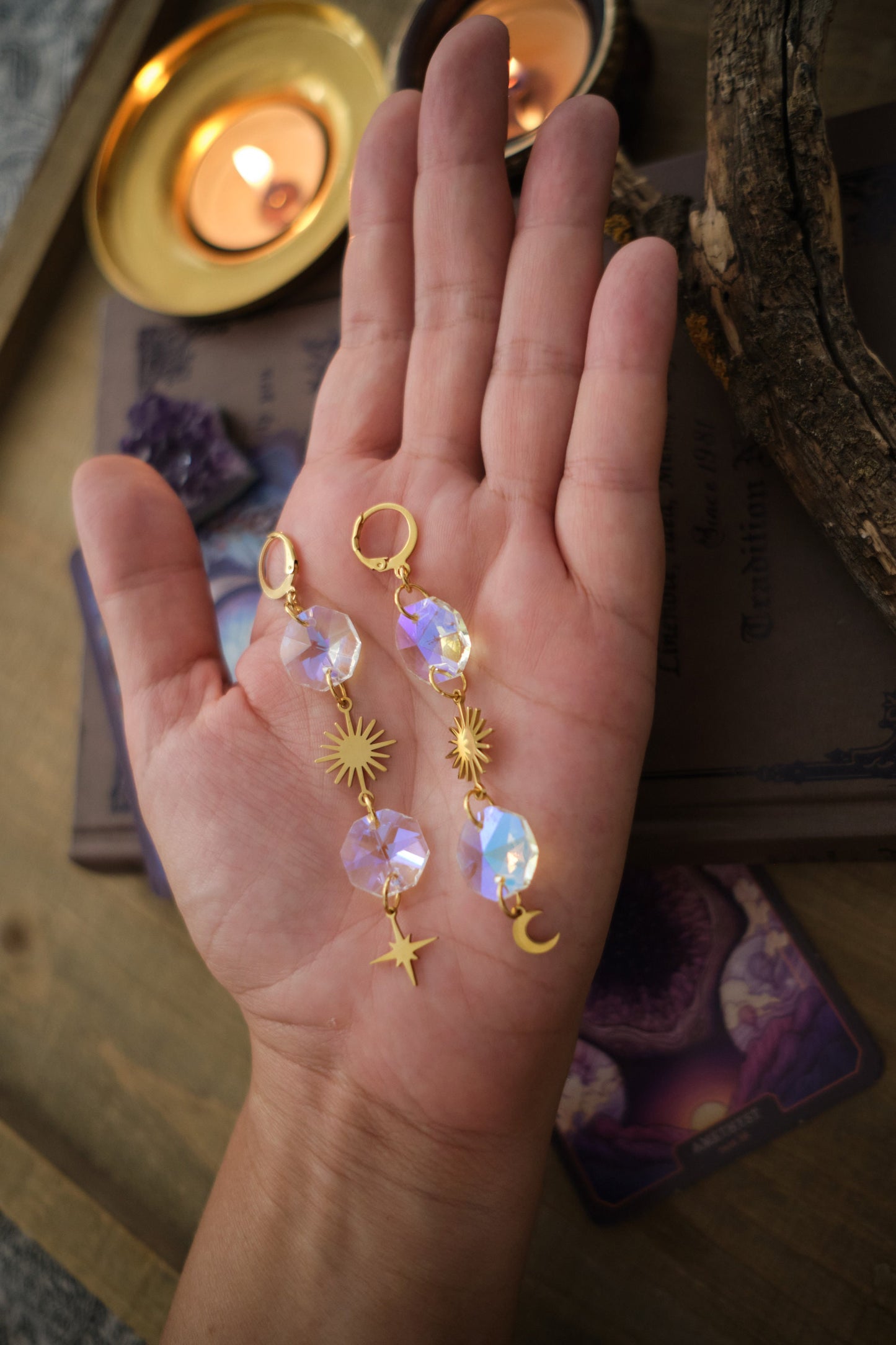 Mystical Moon and Star Suncatcher Earrings, Rainbow Maker Crystal, Celestial Jewelry with Prisms