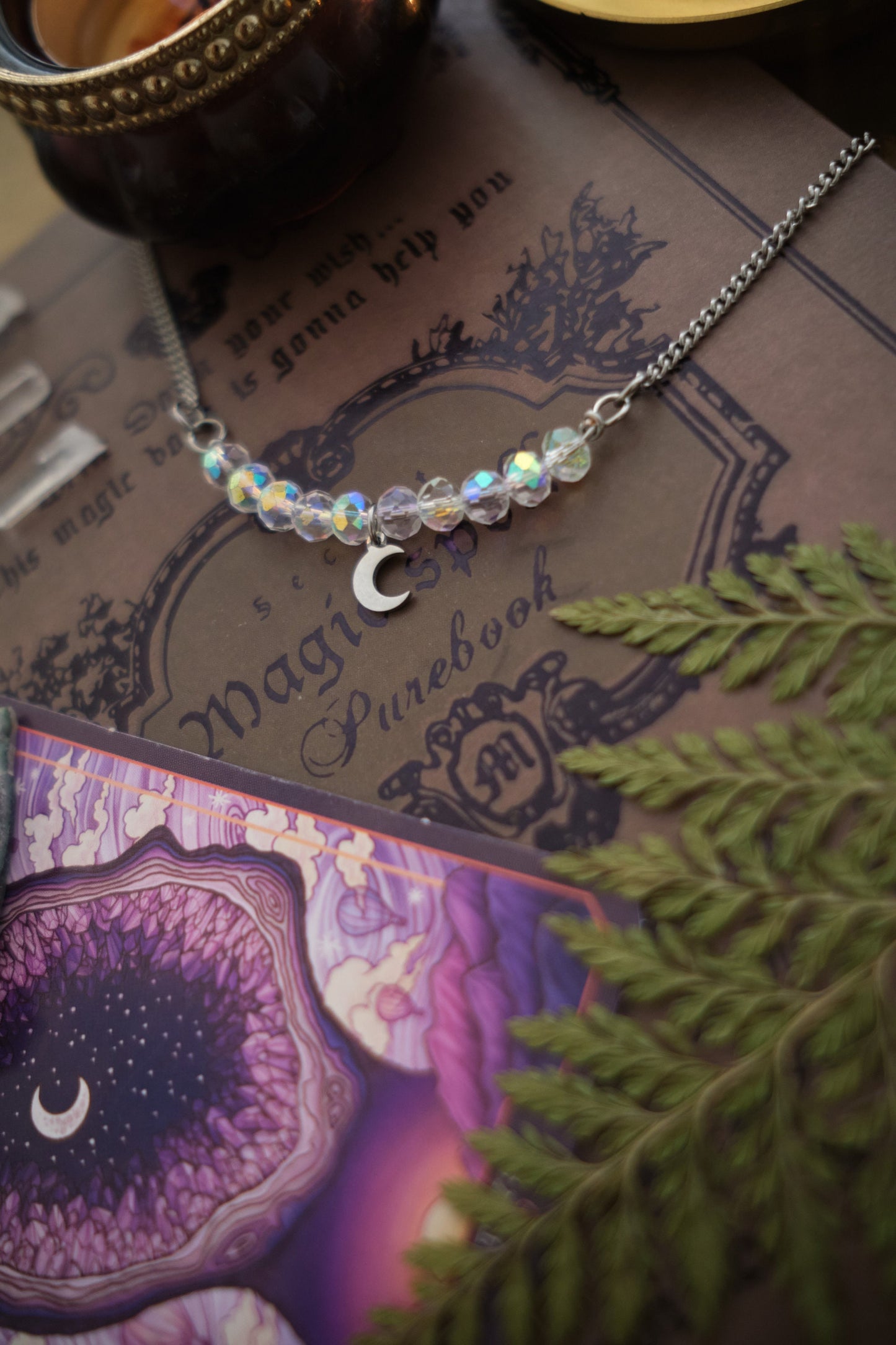 Personalizable Silver Moon or Star Necklace with Sparkly Beads, Choose your Color and Style! Whimsigoth Jewelry