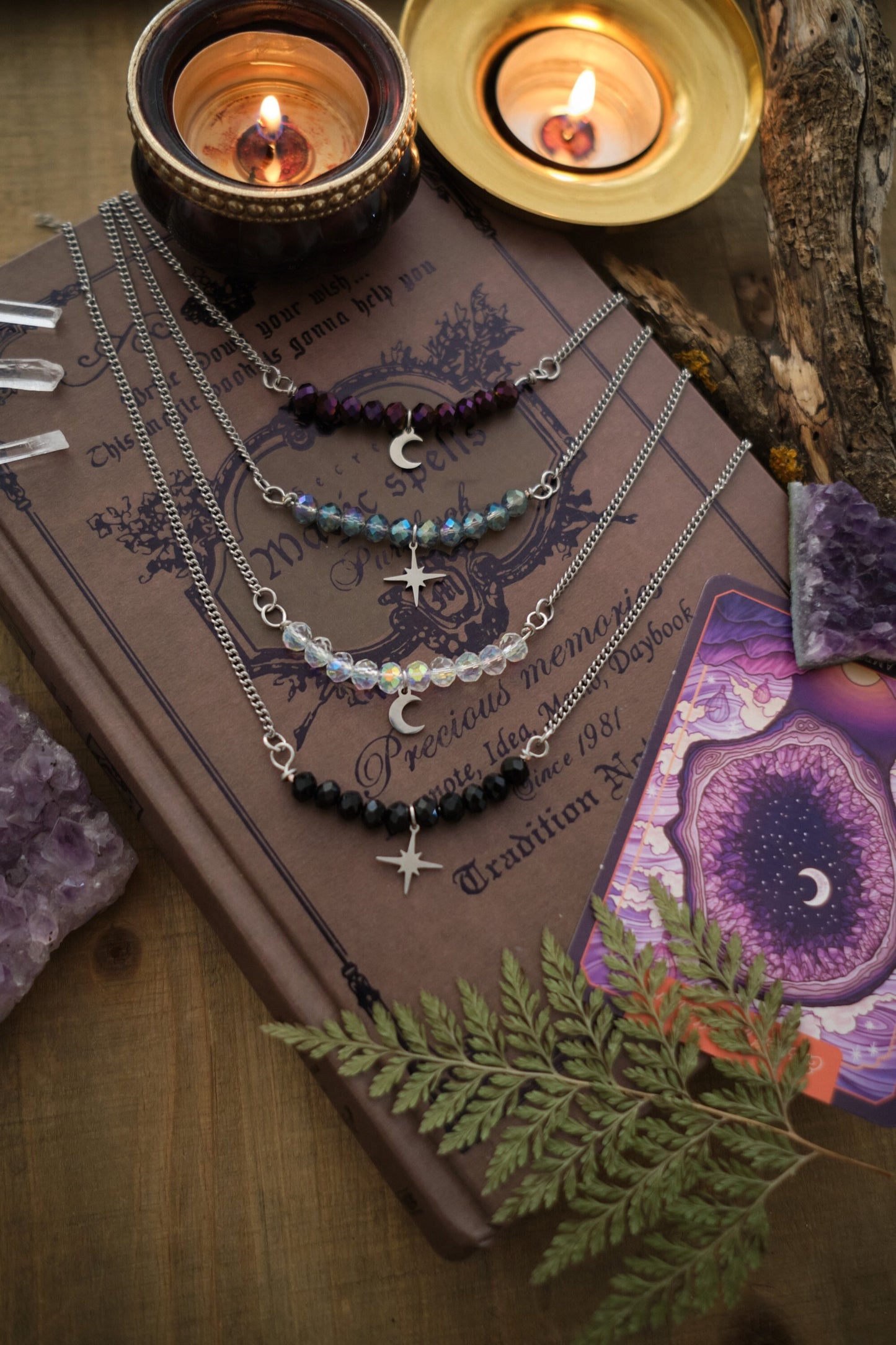 Personalizable Silver Moon or Star Necklace with Sparkly Beads, Choose your Color and Style! Whimsigoth Jewelry