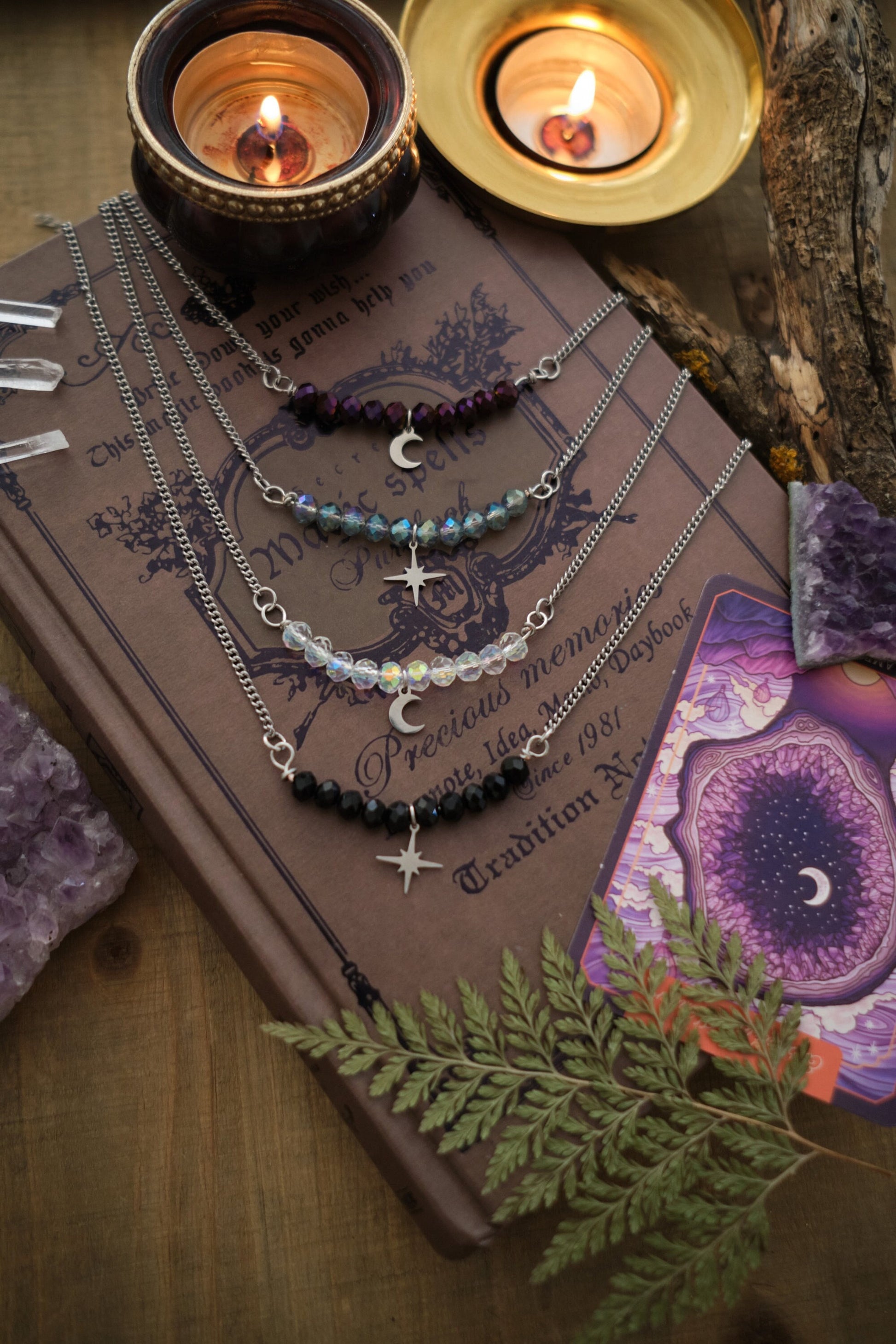 Personalizable Silver Moon or Star Necklace with Sparkly Beads, Choose your Color and Style! Whimsigoth Jewelry