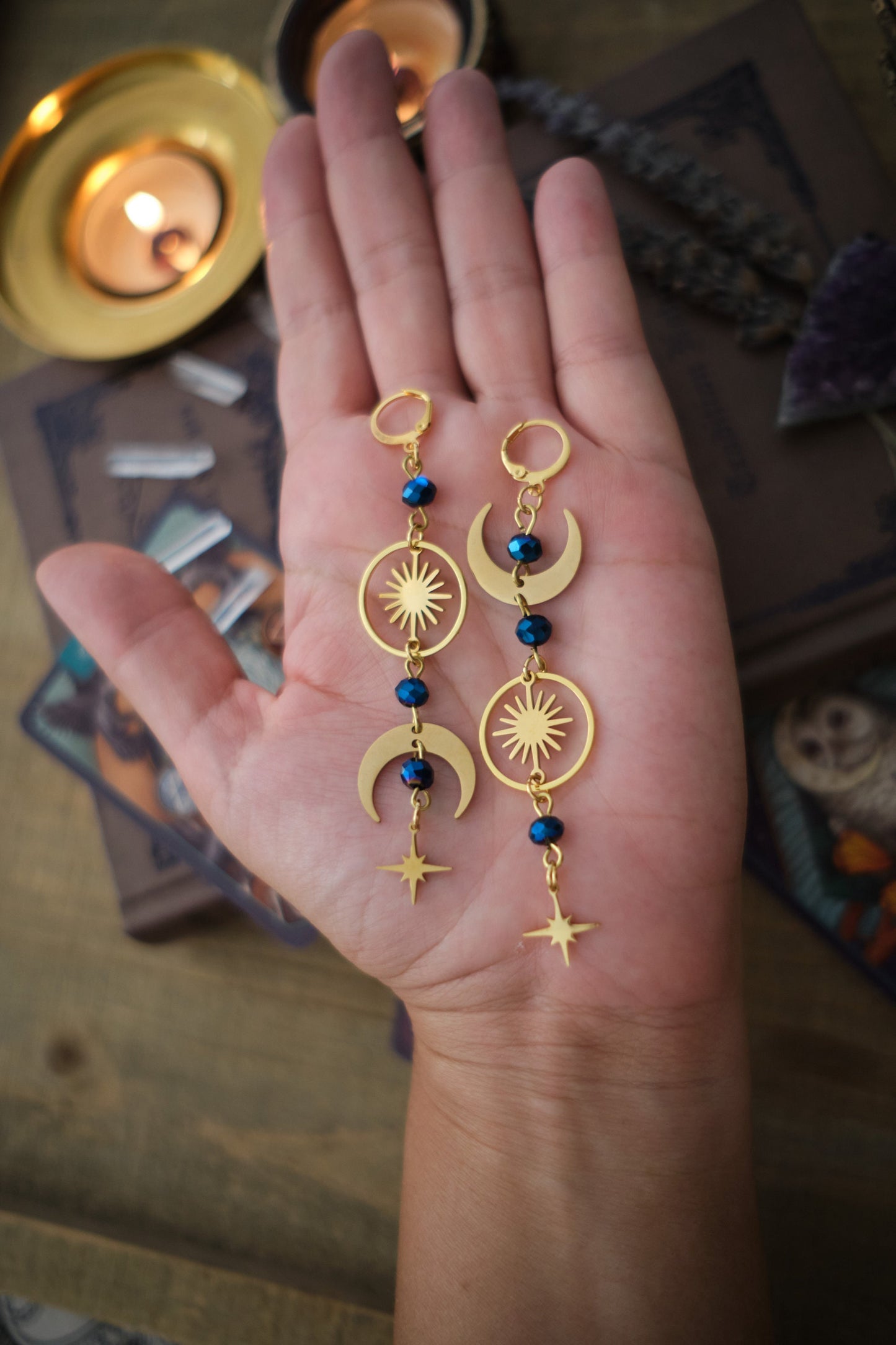 Celestial Earrings, Mismatched Moon and Star Earrings, Whimsigothic Witchy Jewelry - Gold