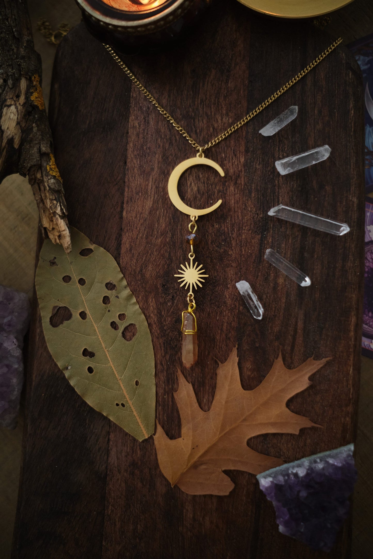 Silver Moon and Sun Necklace with Aura Quartz Crystal, Raw Quartz Pendant Necklace