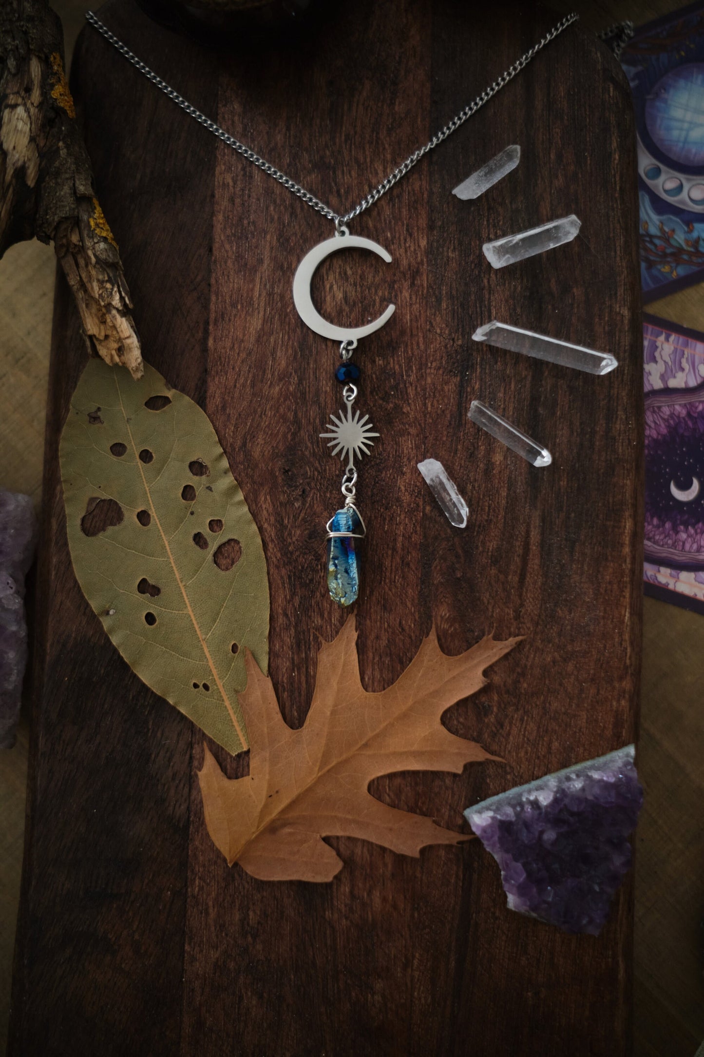 Silver Moon and Sun Necklace with Aura Quartz Crystal, Raw Quartz Pendant Necklace
