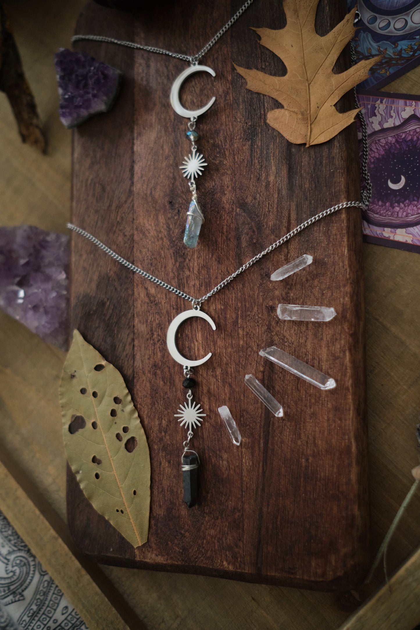 Silver Moon and Sun Necklace with Aura Quartz Crystal, Raw Quartz Pendant Necklace