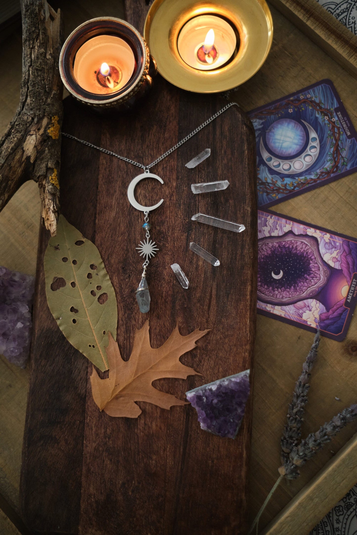 Silver Moon and Sun Necklace with Aura Quartz Crystal, Raw Quartz Pendant Necklace