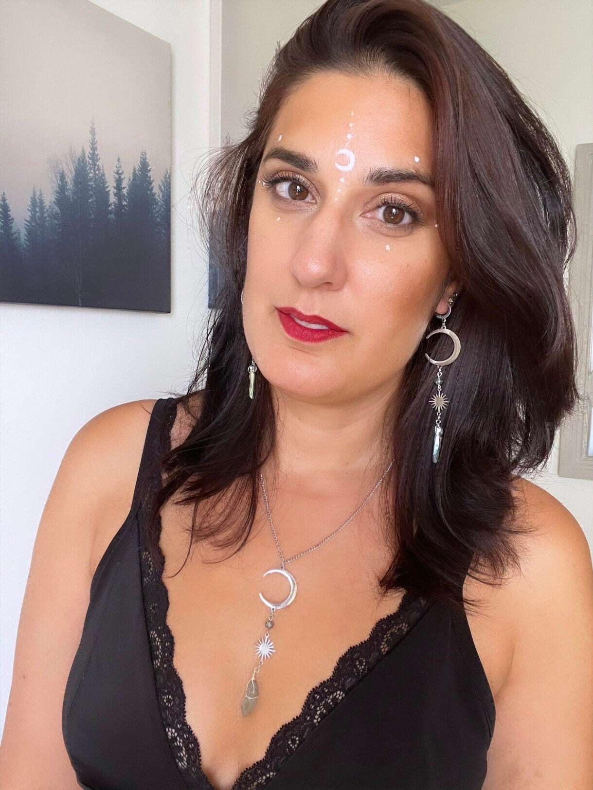 Silver Moon and Sun Necklace with Aura Quartz Crystal, Raw Quartz Pendant Necklace