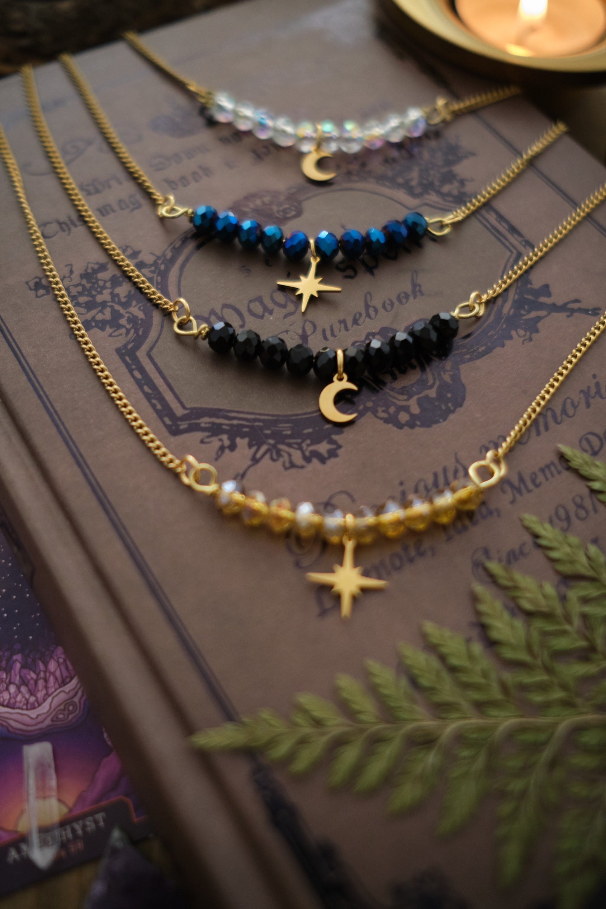 Dainty Gold Star Necklace, Personalizable! Moon or Star with Sparkly Beads, Choose your Color and Style! Gold Whimsigoth Jewelry