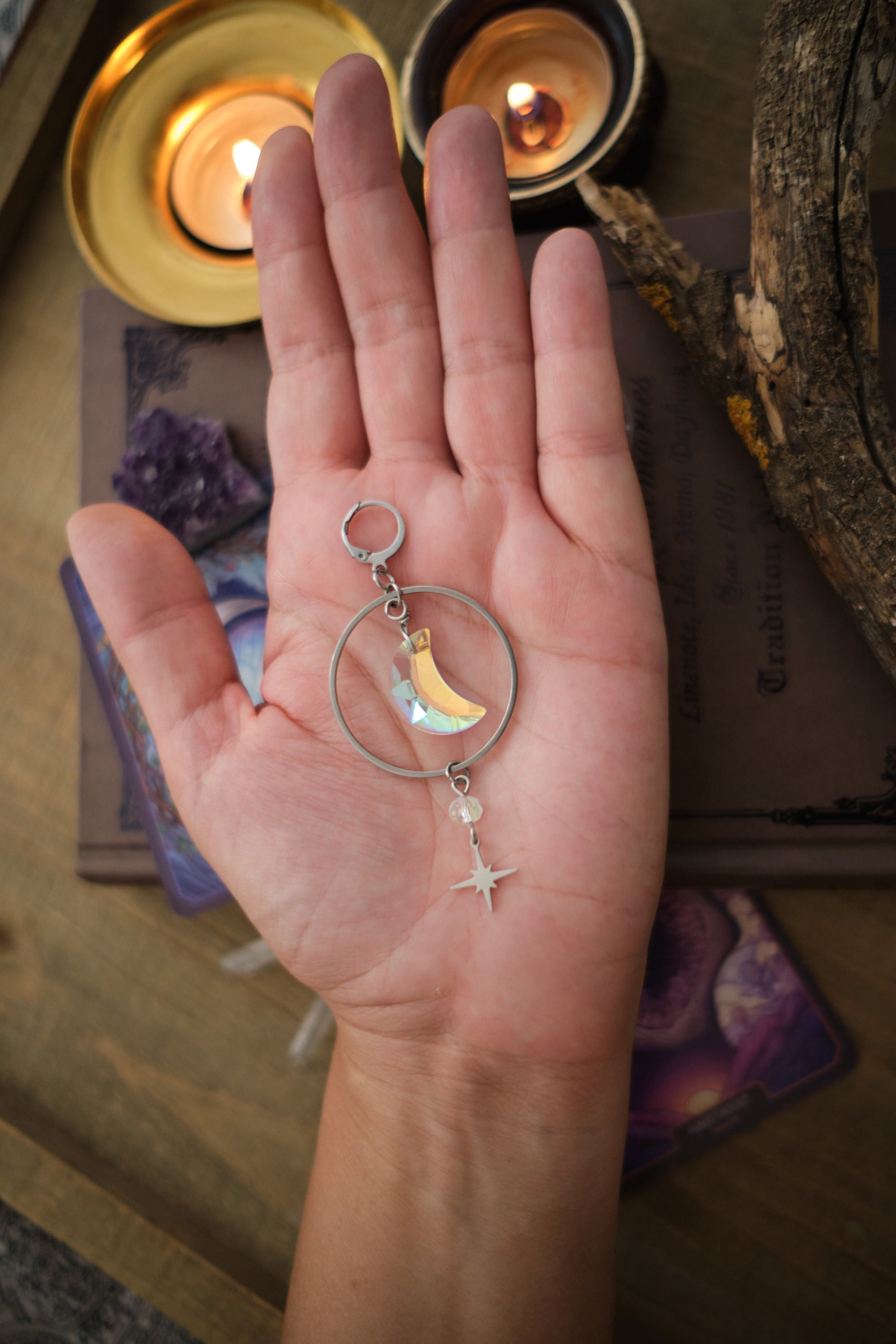 Suncatcher Earrings with Moon and Star, Rainbow Maker Crystal, Celestial Jewelry with Prism