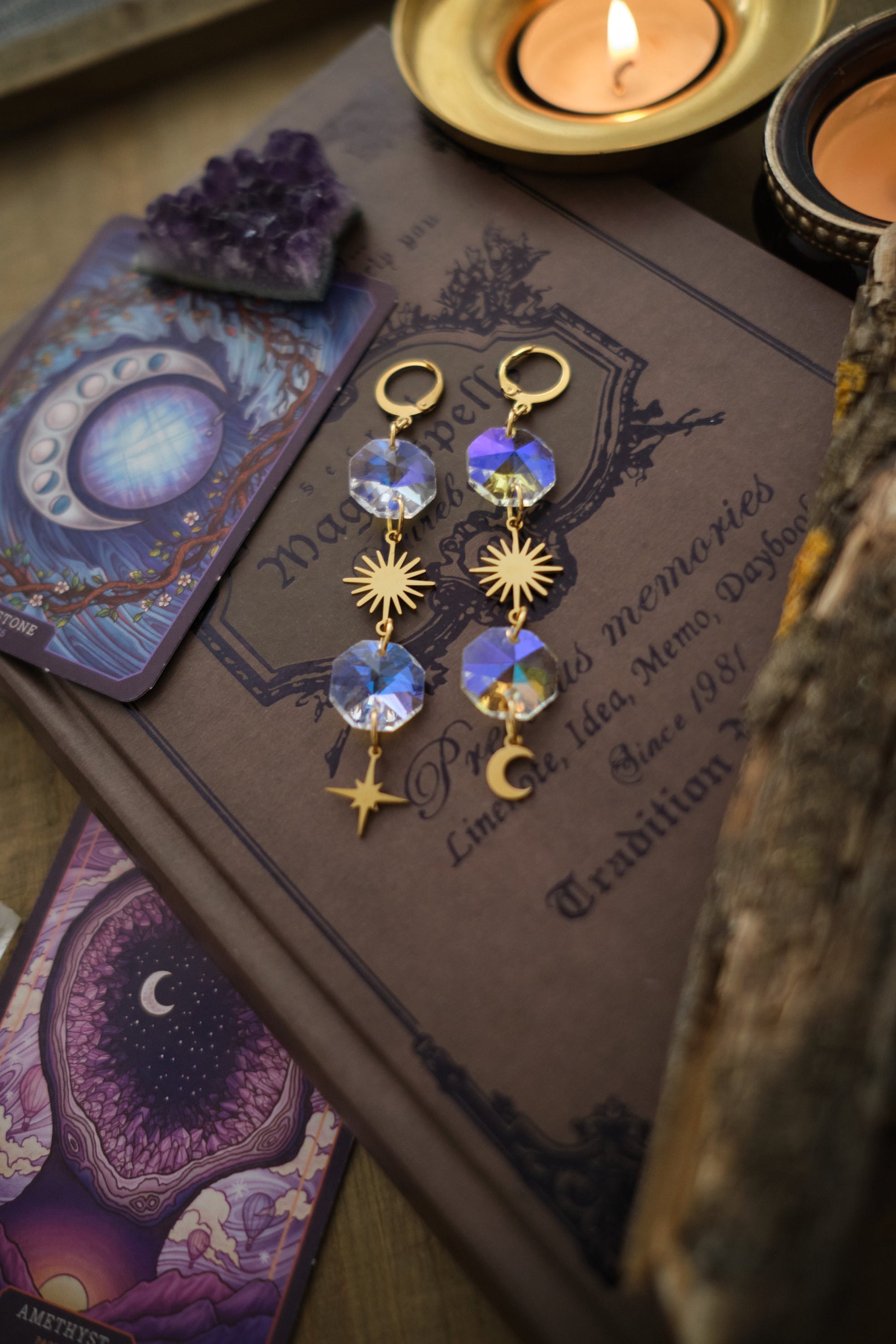 Mystical Moon and Star Suncatcher Earrings, Rainbow Maker Crystal, Celestial Jewelry with Prisms
