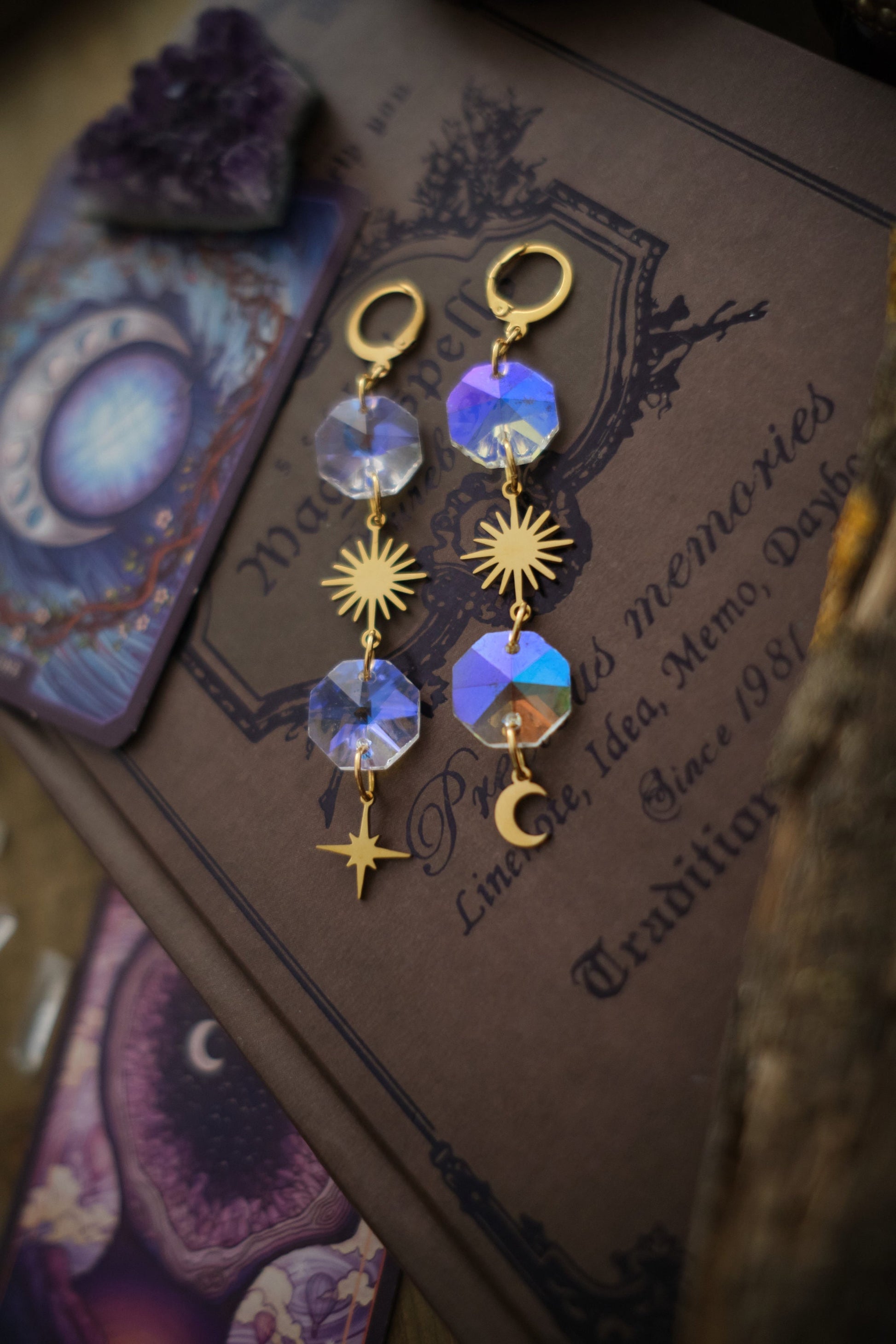 Mystical Moon and Star Suncatcher Earrings, Rainbow Maker Crystal, Celestial Jewelry with Prisms