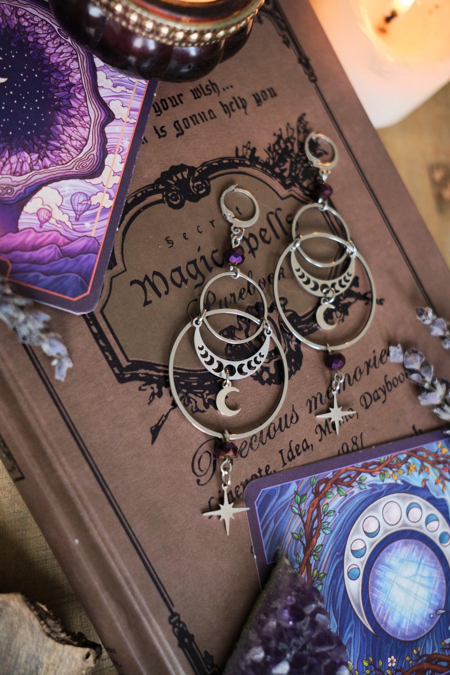 Moon Phase Earrings, Stainless Steel Moon and Stars, Witchy Celestial Jewelry - Silver