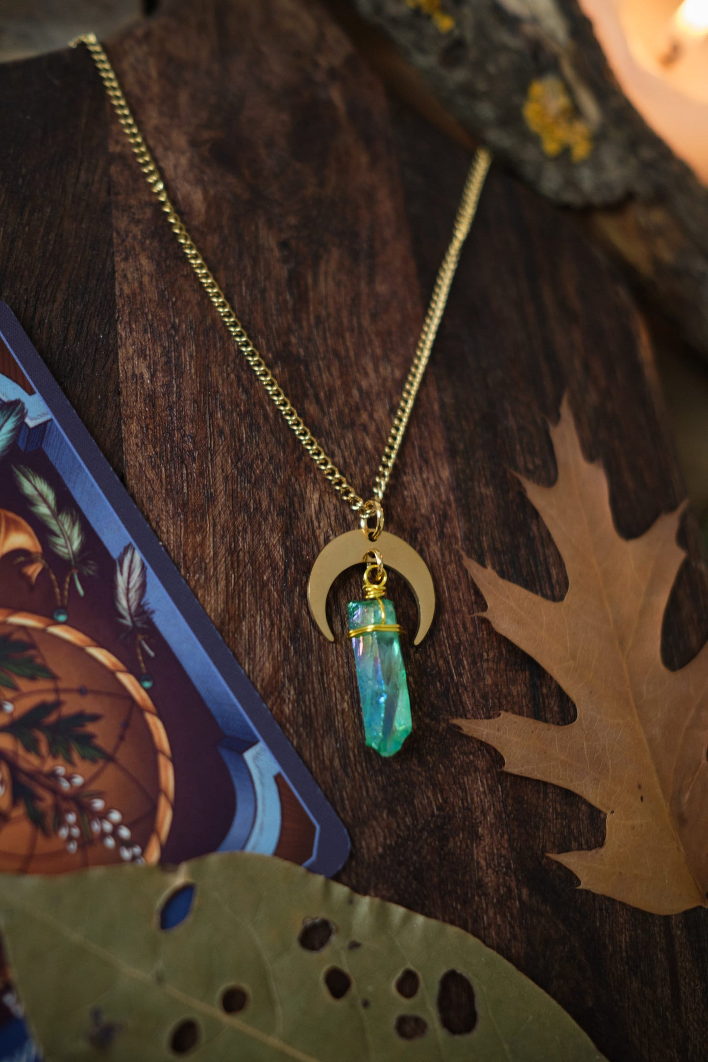 Quartz Crystal Necklace with Moon Charm - Gold