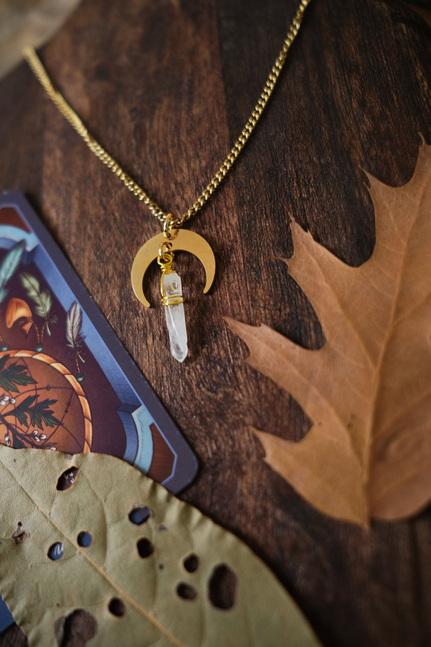 Quartz Crystal Necklace with Moon Charm - Gold