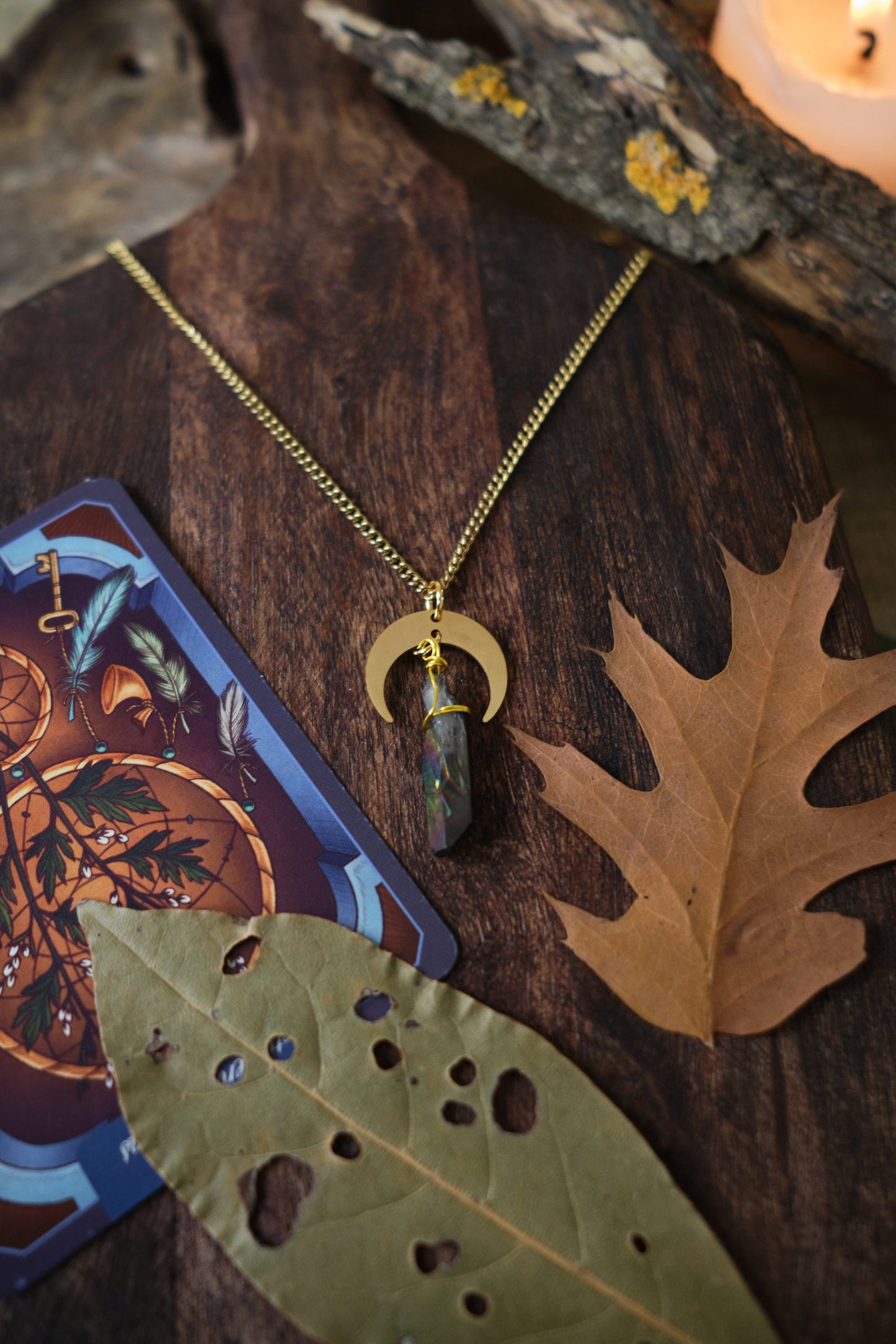 Quartz Crystal Necklace with Moon Charm - Gold