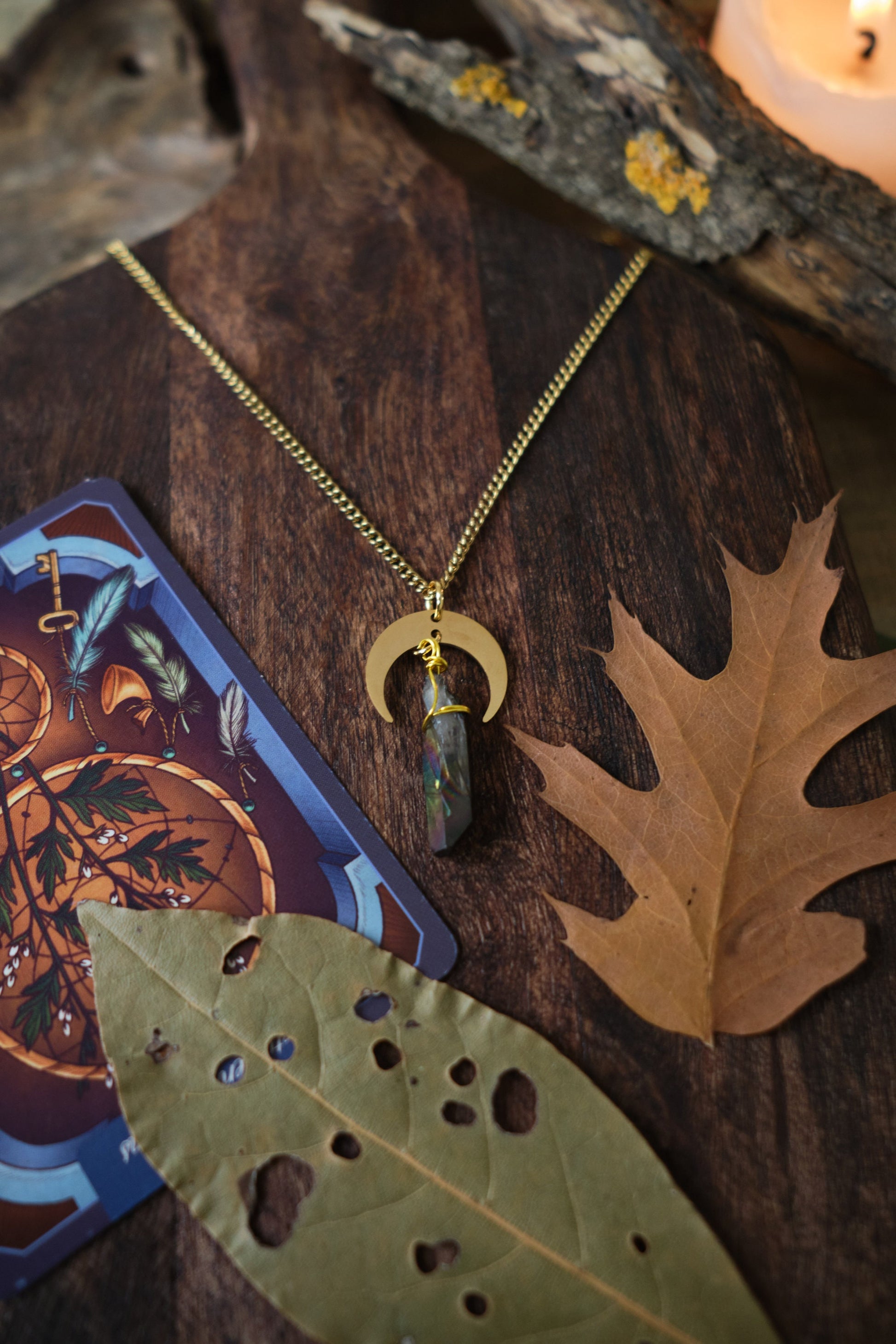 Quartz Crystal Necklace with Moon Charm - Gold