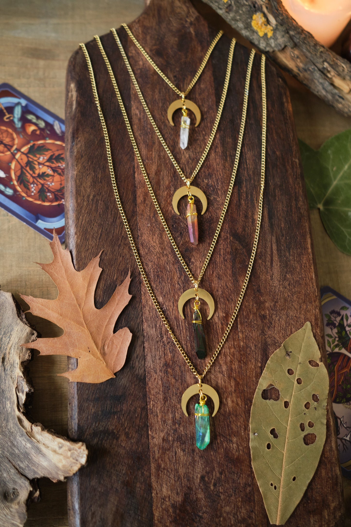 Quartz Crystal Necklace with Moon Charm - Gold
