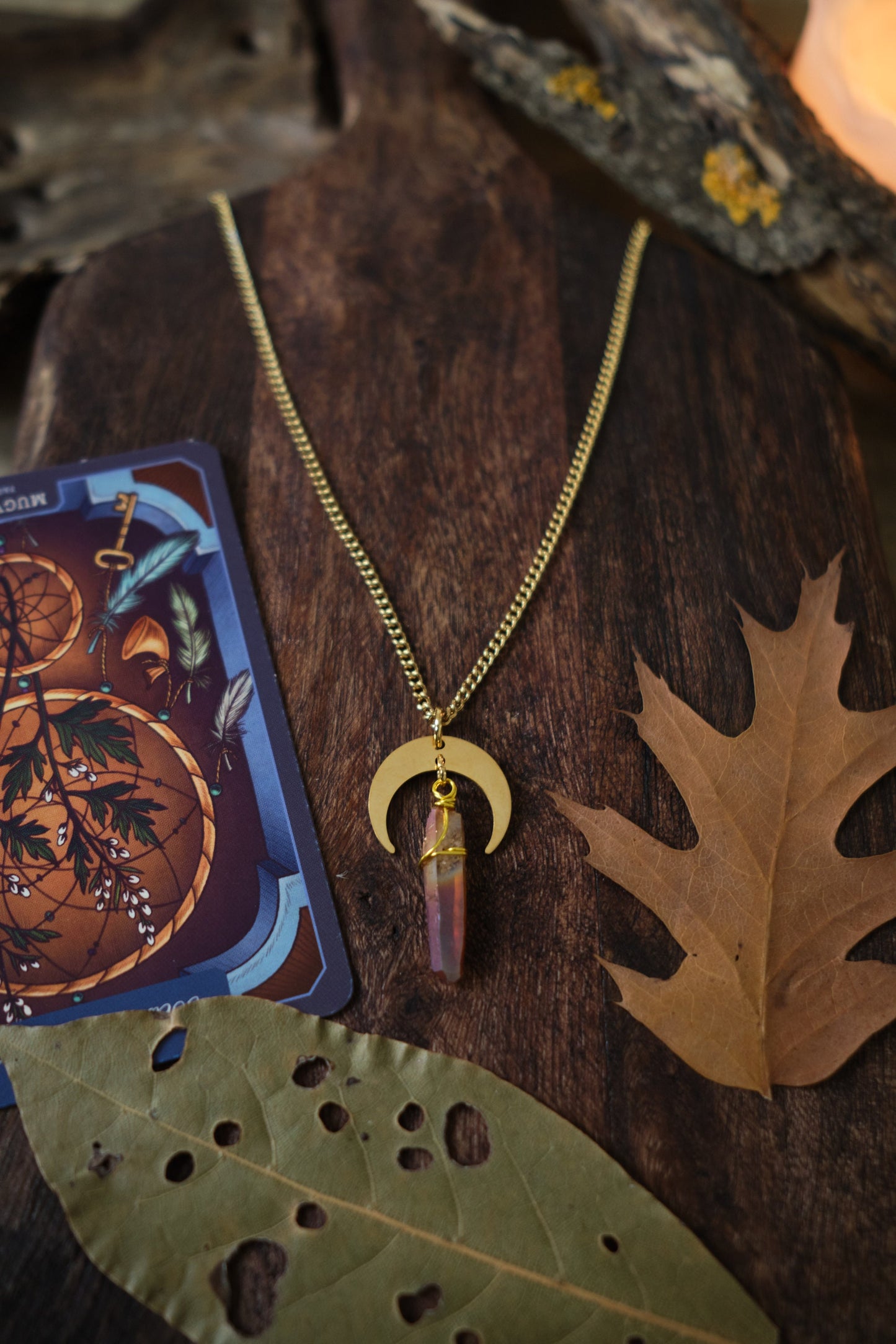 Quartz Crystal Necklace with Moon Charm - Gold