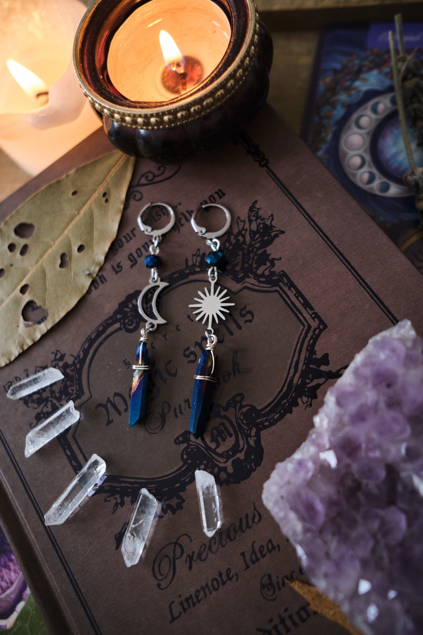 Crystal Earrings with Moon and Star, Mismatched Quartz Crystal Jewelry, Witchy Earrings