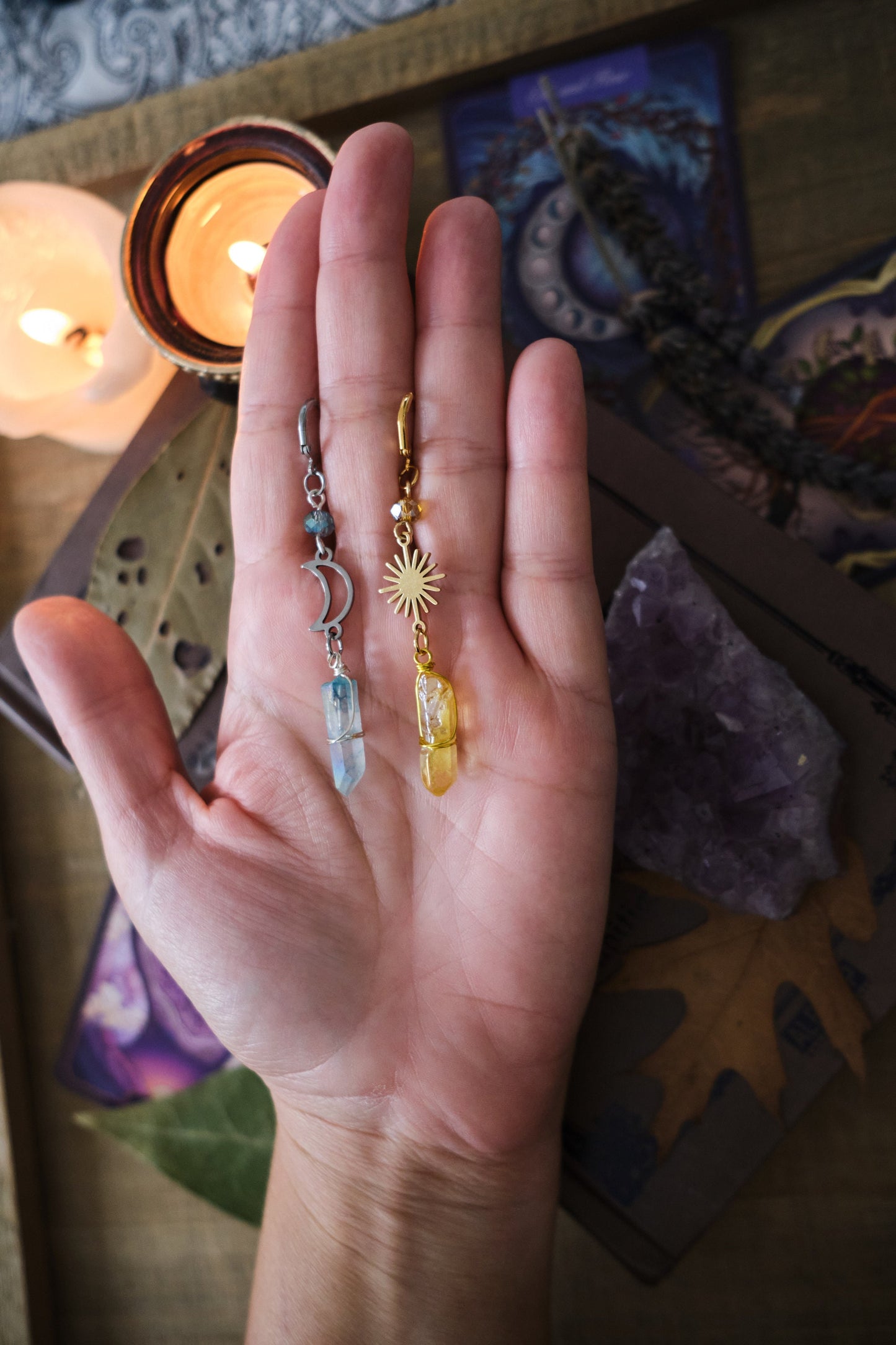 Crystal Earrings with Moon and Star, Mismatched Quartz Crystal Jewelry, Witchy Earrings
