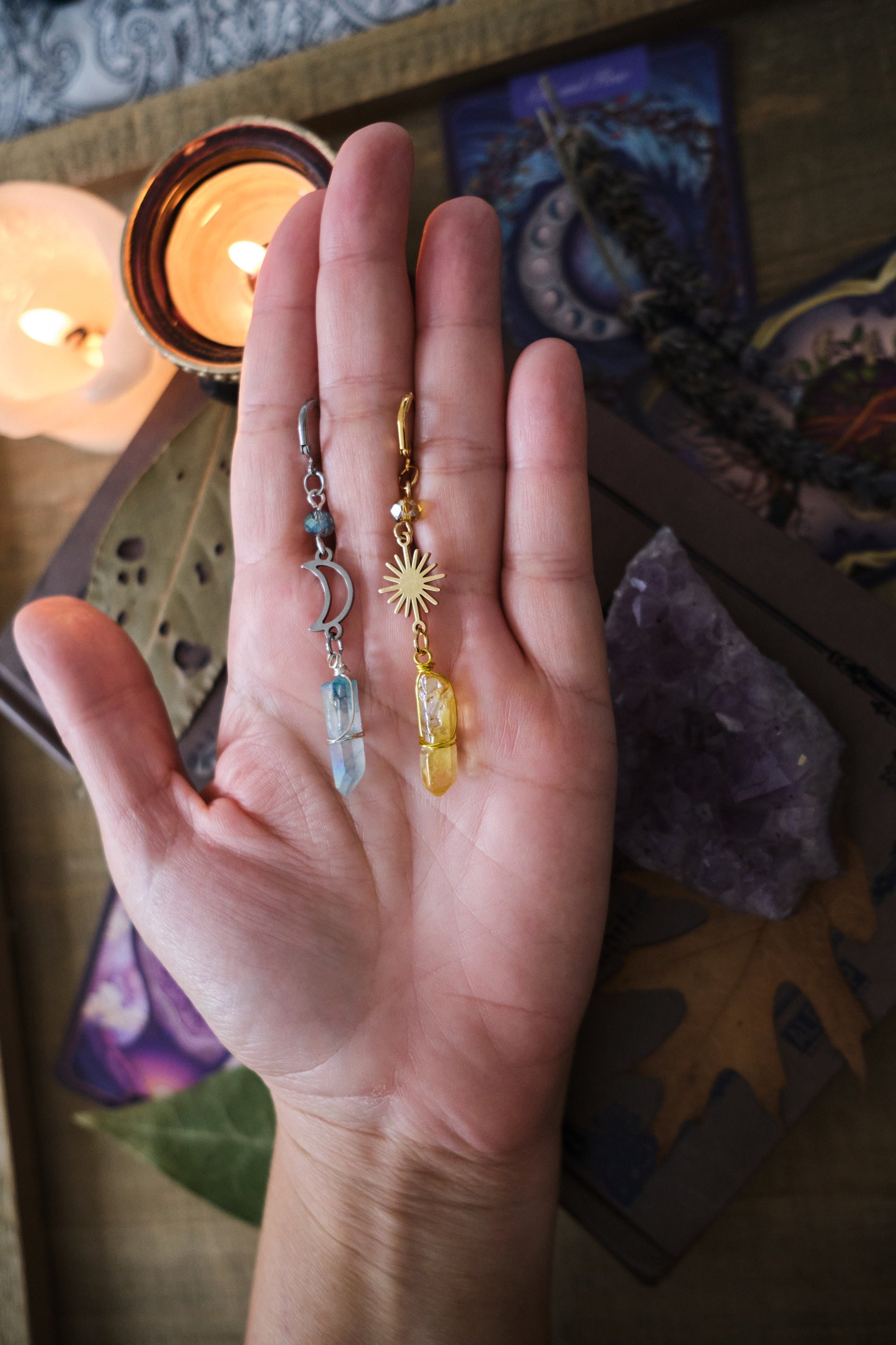 Crystal Earrings with Moon and Star, Mismatched Quartz Crystal Jewelry, Witchy Earrings