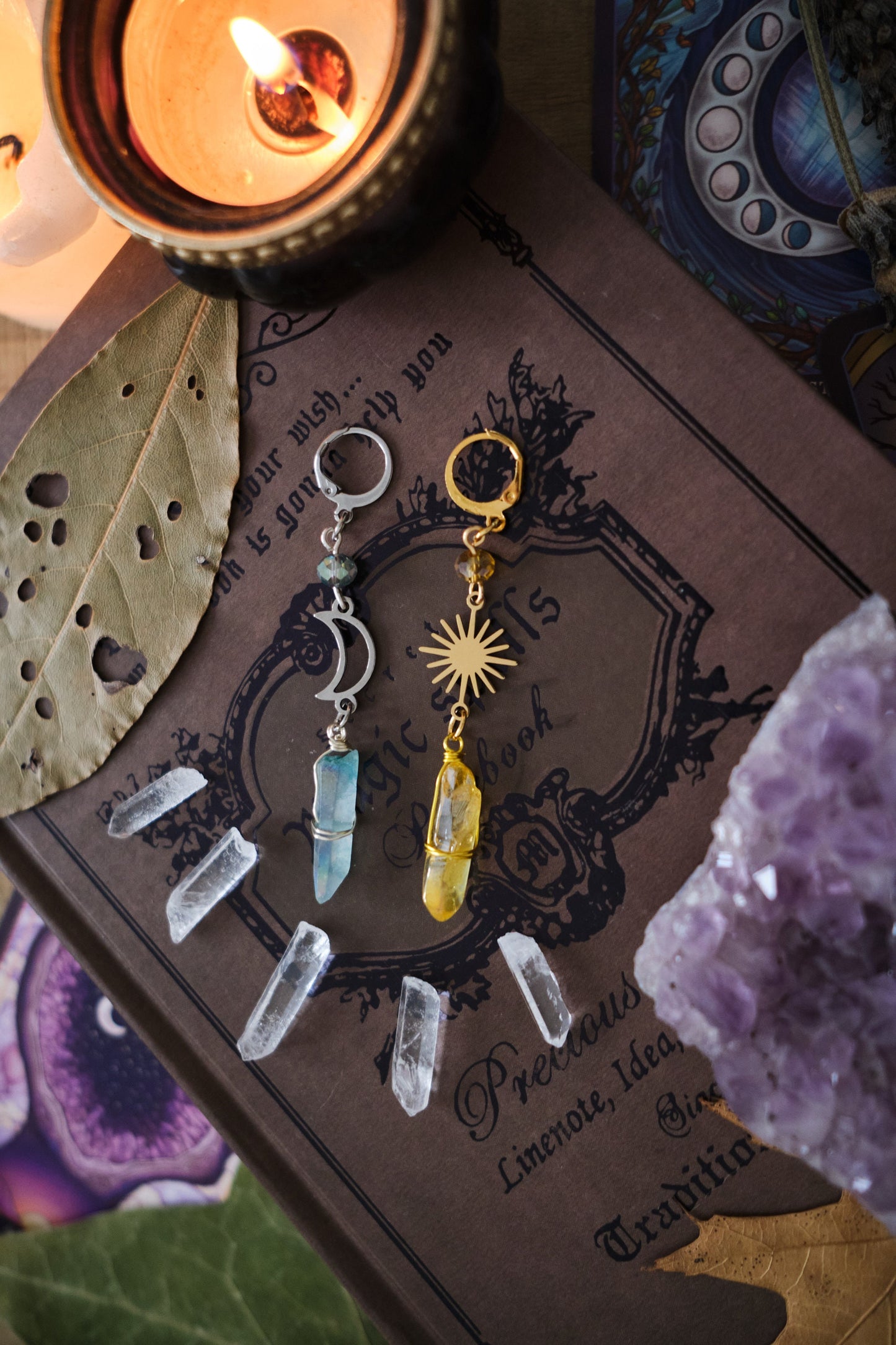 Crystal Earrings with Moon and Star, Mismatched Quartz Crystal Jewelry, Witchy Earrings