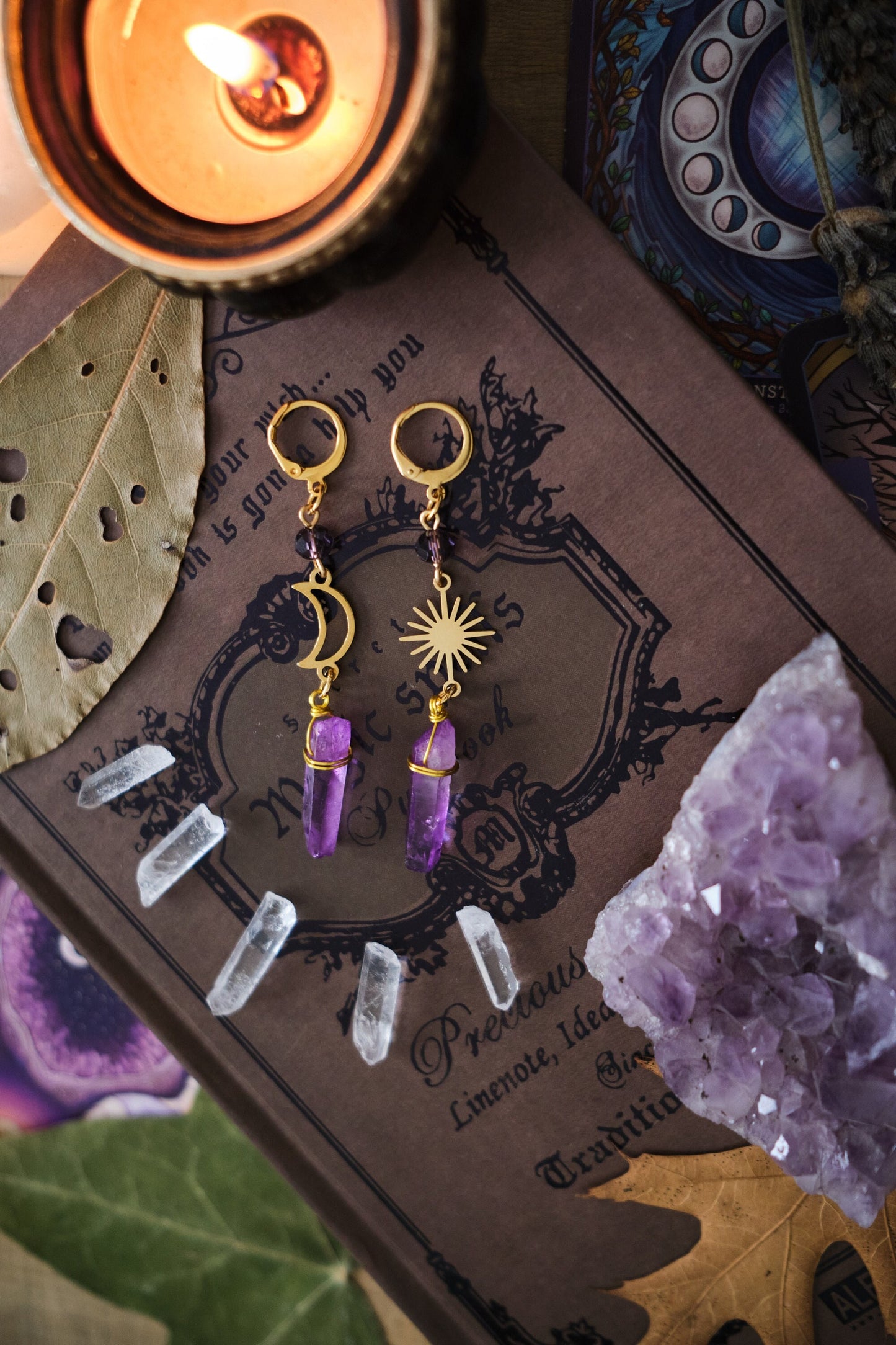 Crystal Earrings with Moon and Star, Mismatched Quartz Crystal Jewelry, Witchy Earrings