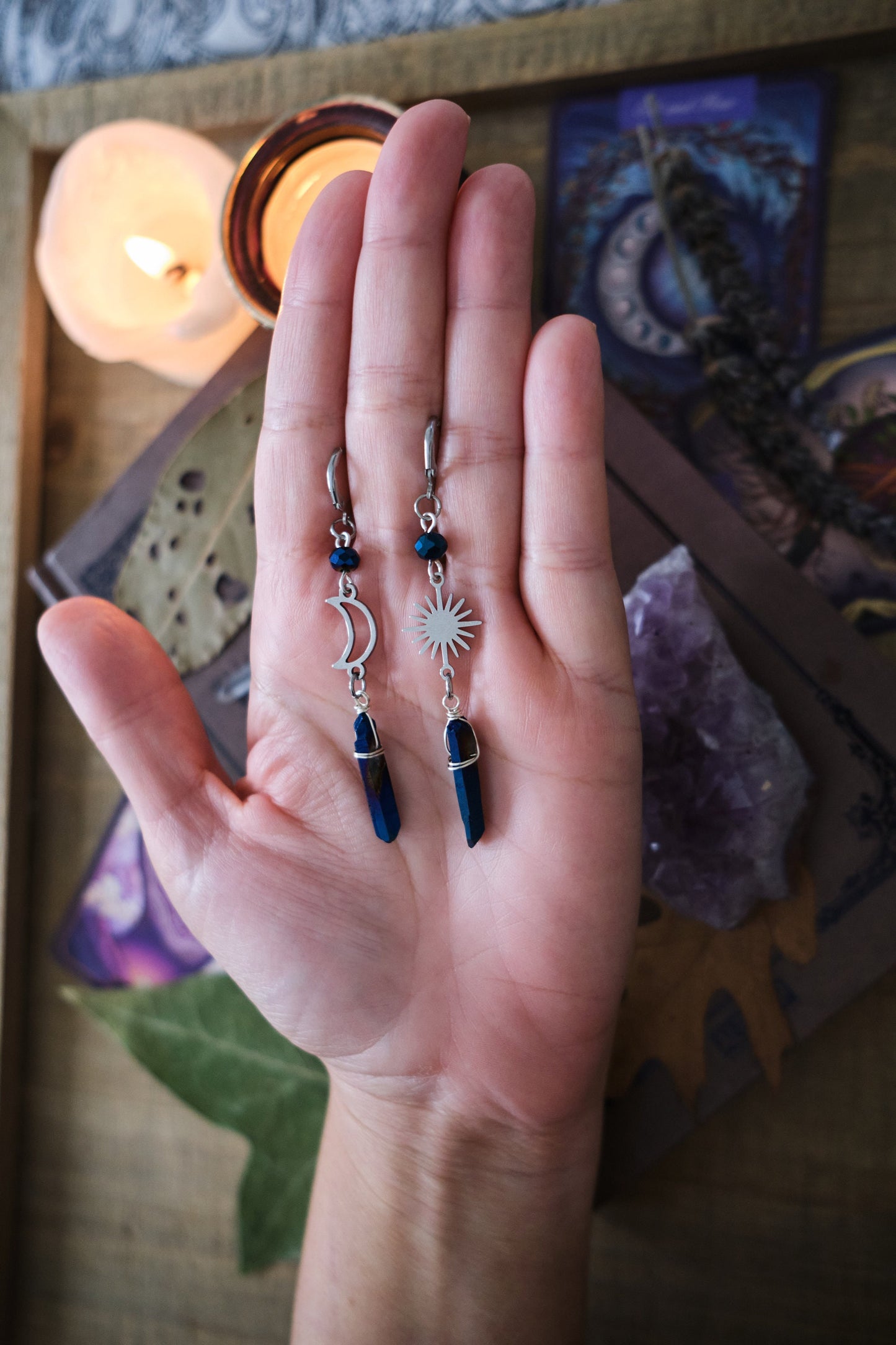 Crystal Earrings with Moon and Star, Mismatched Quartz Crystal Jewelry, Witchy Earrings