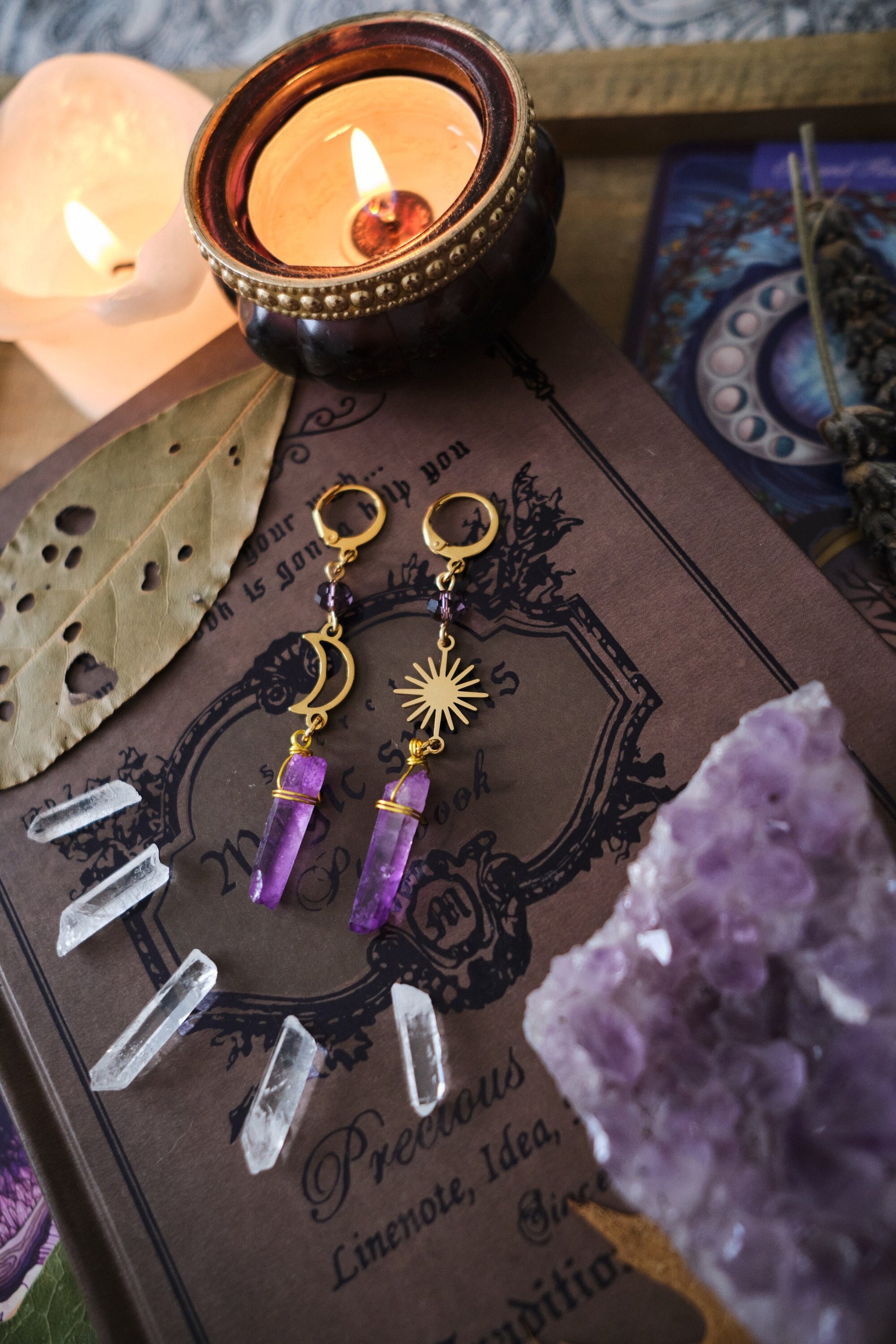 Crystal Earrings with Moon and Star, Mismatched Quartz Crystal Jewelry, Witchy Earrings