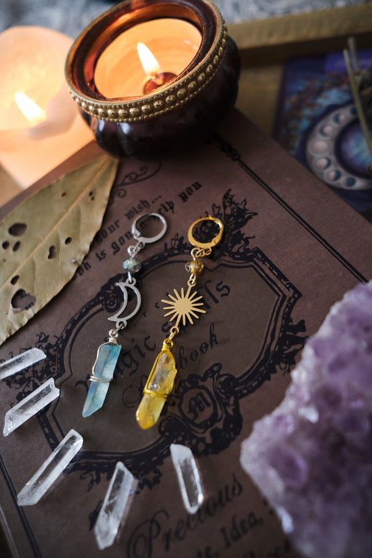 Crystal Earrings with Moon and Star, Mismatched Quartz Crystal Jewelry, Witchy Earrings