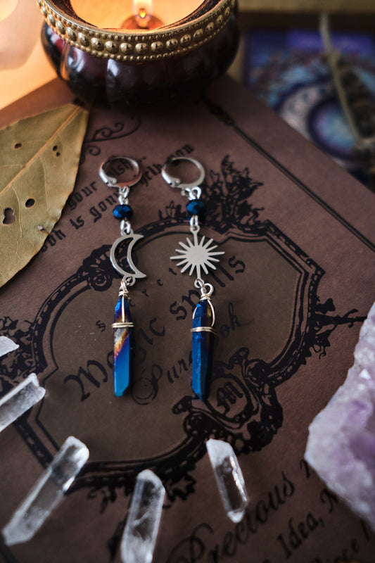 Crystal Earrings with Moon and Star, Mismatched Quartz Crystal Jewelry, Witchy Earrings