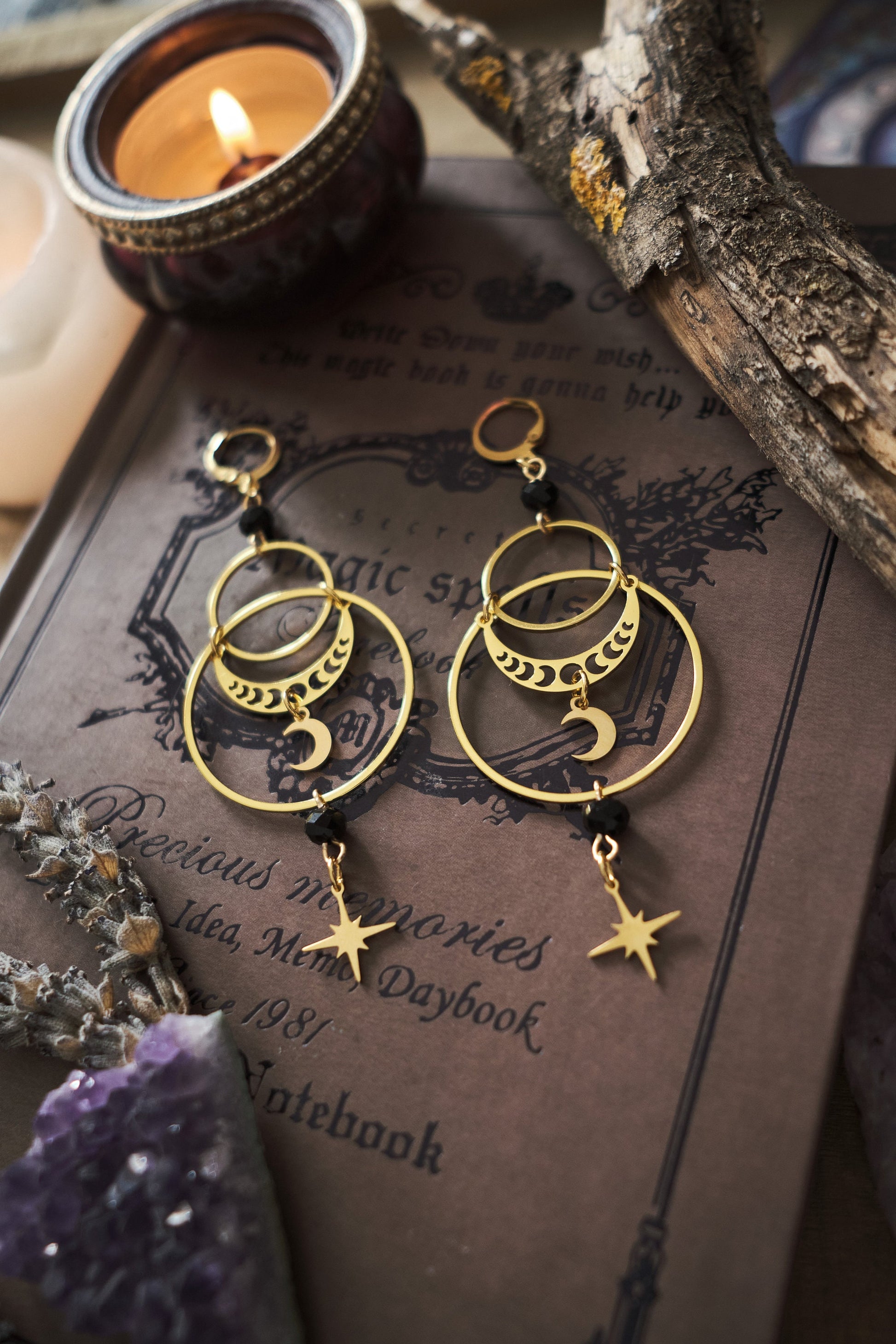 Celestial Earrings, Whimsigoth Stainless Steel Moon and Stars, Witchy Jewelry