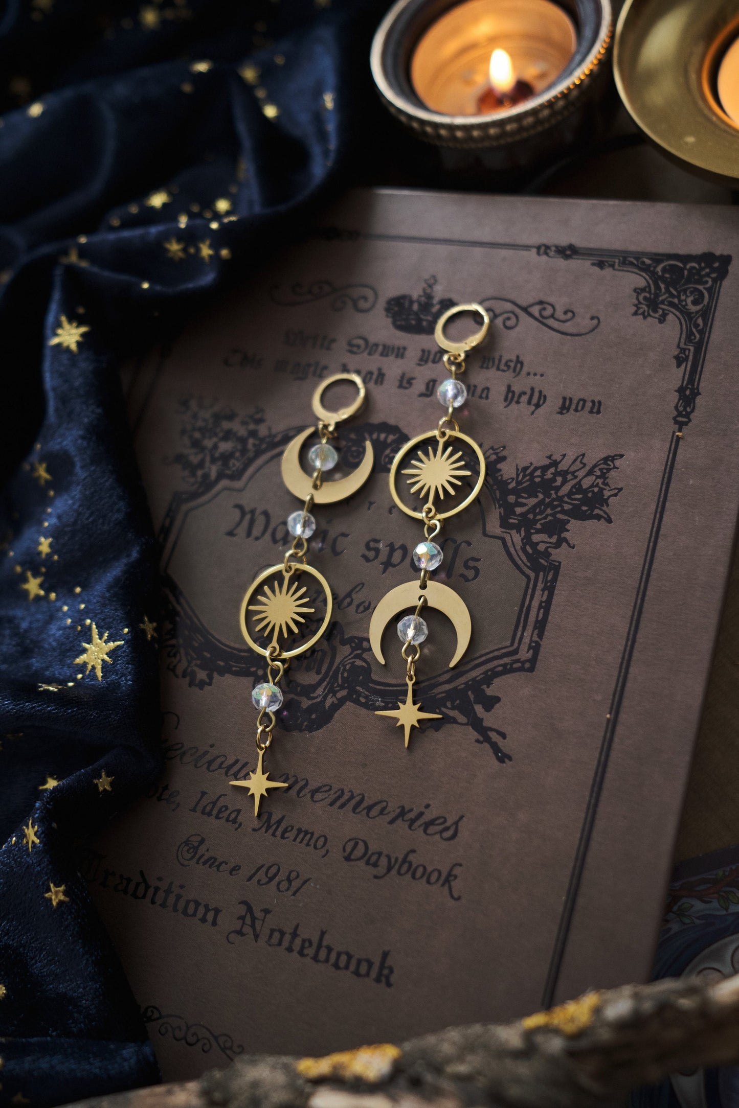 Celestial Earrings, Mismatched Moon and Star Earrings, Whimsigothic Witchy Jewelry - Gold